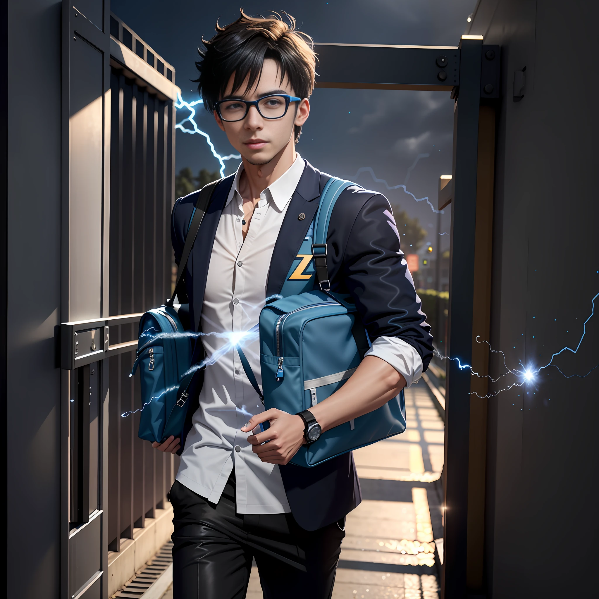 (Young man in student outfit carrying schoolbag at school gate, 3D rendering, blue and black lightning particles emitting around), background is school gate, clear HD, 8K resolution, very detailed, digital painting, concept art, Shinkai Makoto style, pop popularization trend, pop, pop trend, pop trend.