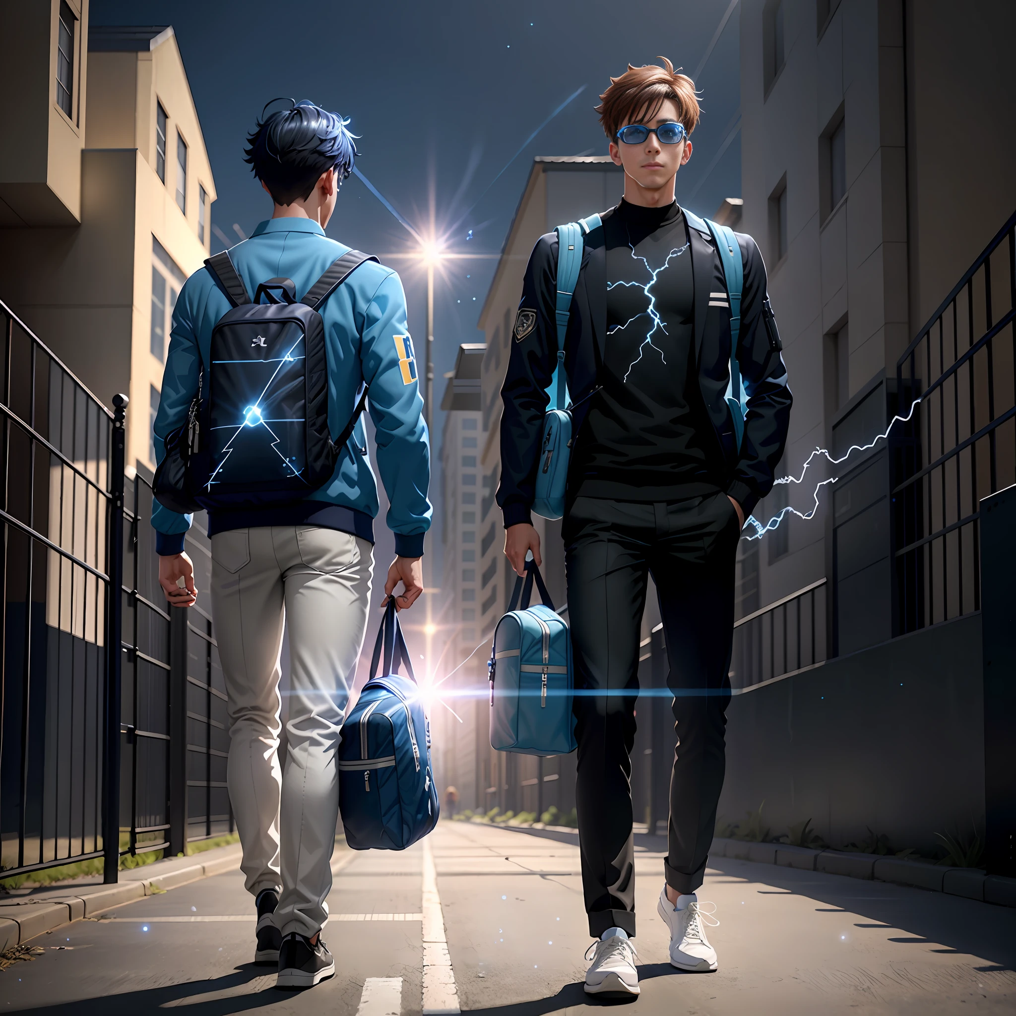 (Young man in student outfit carrying schoolbag at school gate, 3D rendering, blue and black lightning particles emitting around), background is school gate, clear HD, 8K resolution, very detailed, digital painting, concept art, Shinkai Makoto style, pop popularization trend, pop, pop trend, pop trend.