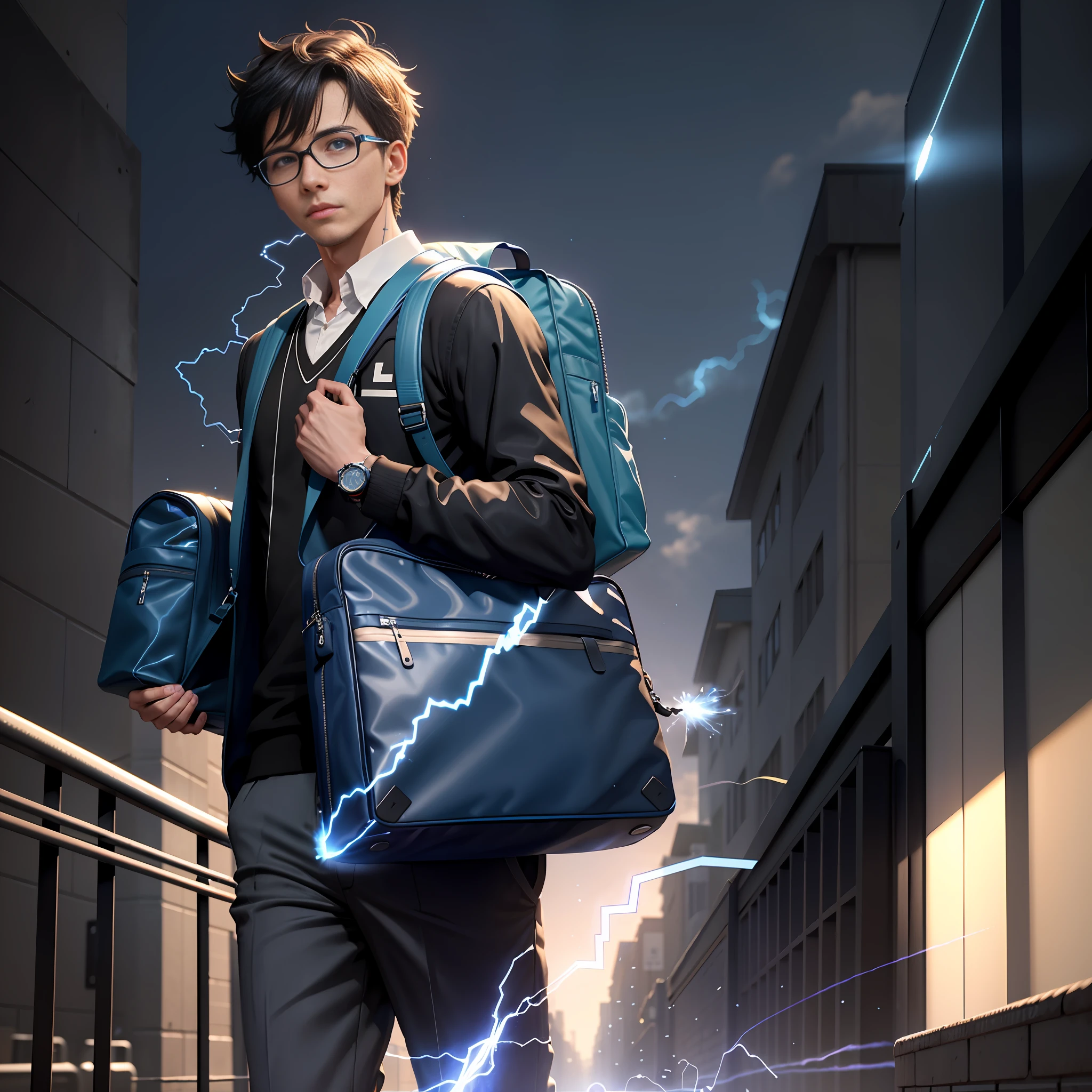 (Young man in student outfit carrying schoolbag at school gate, 3D rendering, blue and black lightning particles emitting around), background is school gate, clear HD, 8K resolution, very detailed, digital painting, concept art, Shinkai Makoto style, pop popularization trend, pop, pop trend, pop trend.