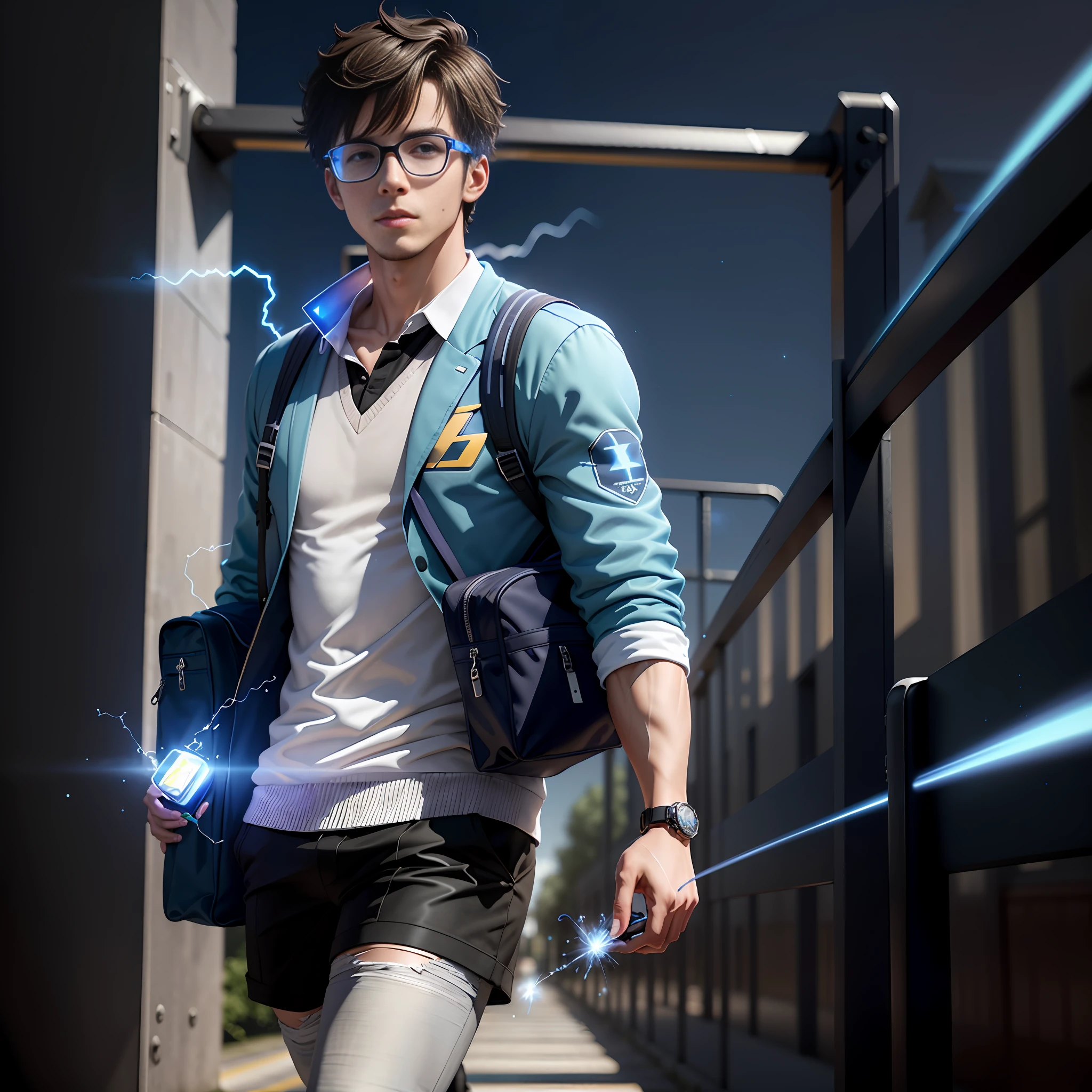 (Young man in student outfit carrying schoolbag at school gate, 3D rendering, blue and black lightning particles emitting around), background is school gate, clear HD, 8K resolution, very detailed, digital painting, concept art, Shinkai Makoto style, pop popularization trend, pop, pop trend, pop trend.