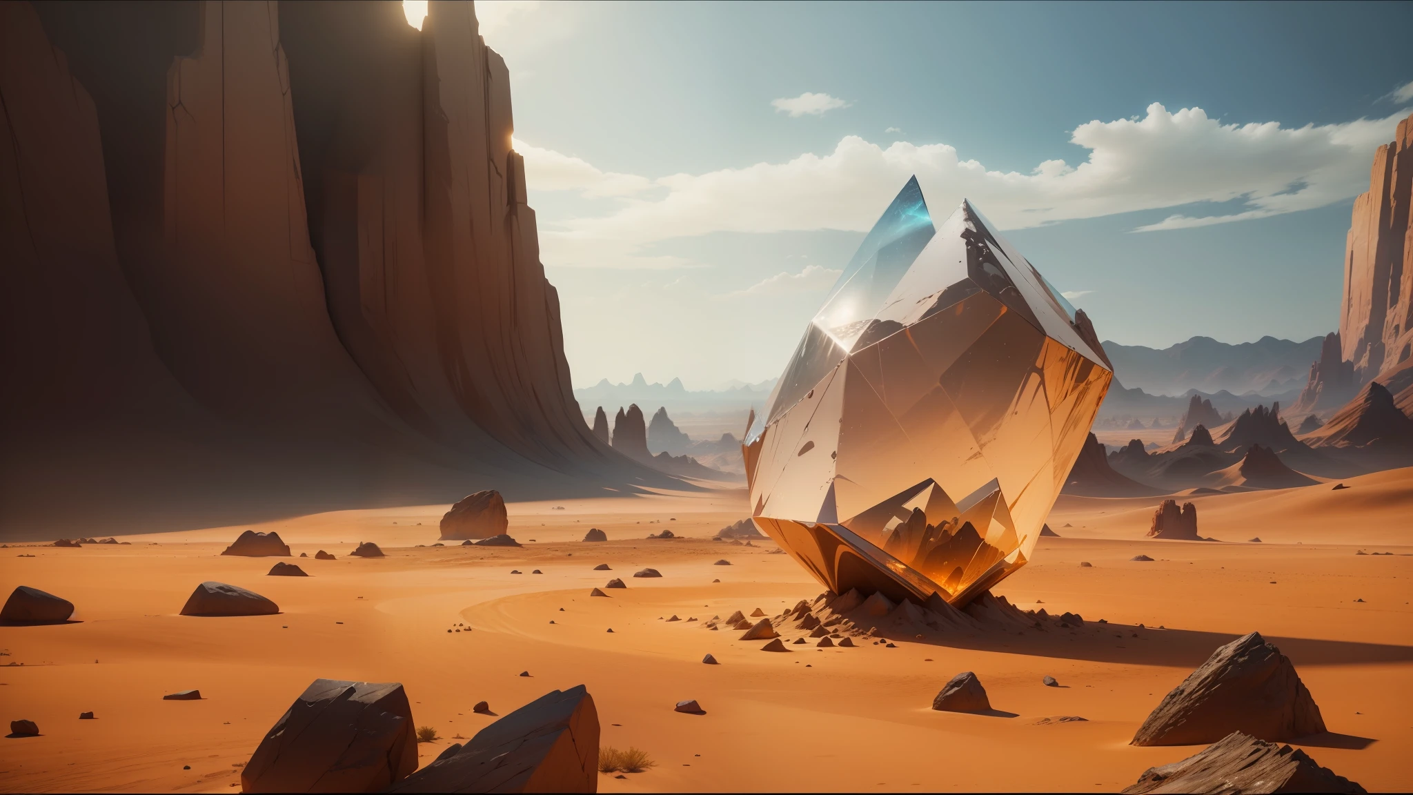 there is a large crystal in the middle of a desert, unreal engine render concept art, still from a music video, inspired by Douglas Robertson Bisset, with unreal engine, psytrance, rendered in the unreal engine, in screenshot from the 300 movie --auto --s2