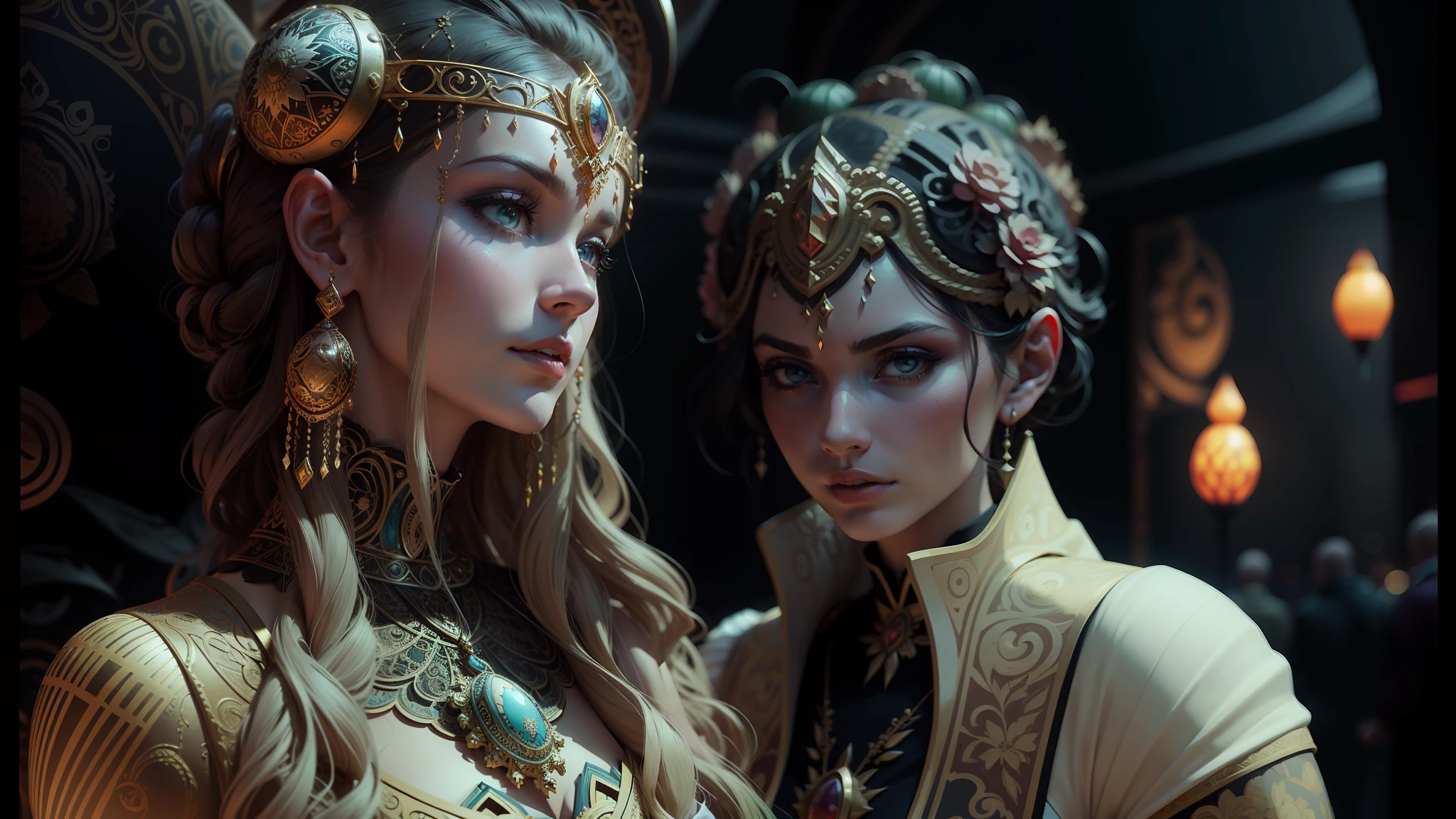 two women in colorful dresses stand in front of a large egg, intricate artwork. octane render, ornate cosplay, trending on cgisociety, ibiza nightclub dancing inspired, inspired by Philippe Druillet, architecture digest, daniel merrian :: ornate, bvlgari --auto --s2