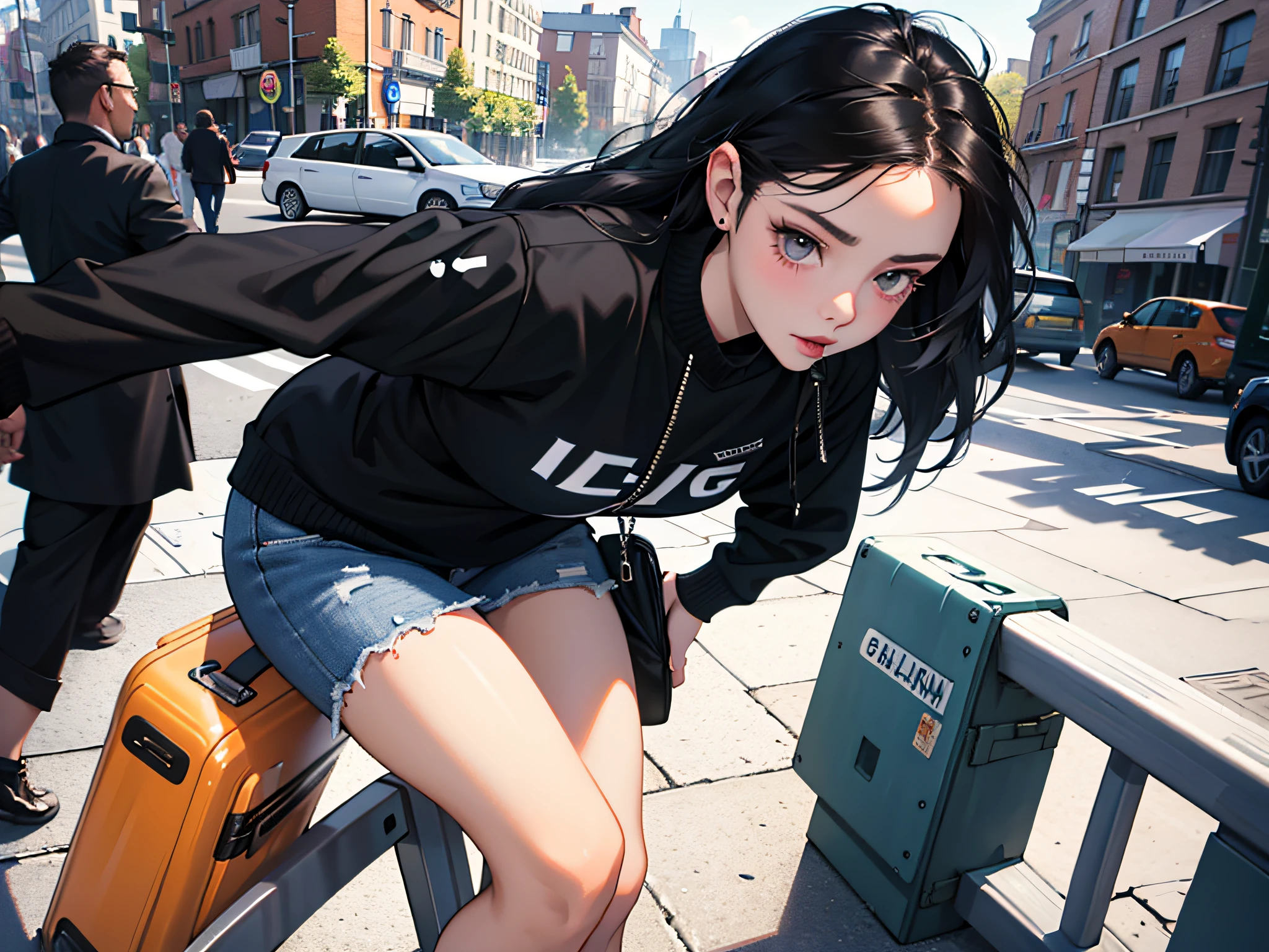 Young woman 25 years old: 1.3, Long black hair: 1.2, Casual wear: 1.2, Daytime: 1.2, On the street: 1.2, Film lighting, Surrealism, UHD, ccurate, Super detail, textured skin, High detail, Best quality, 8k