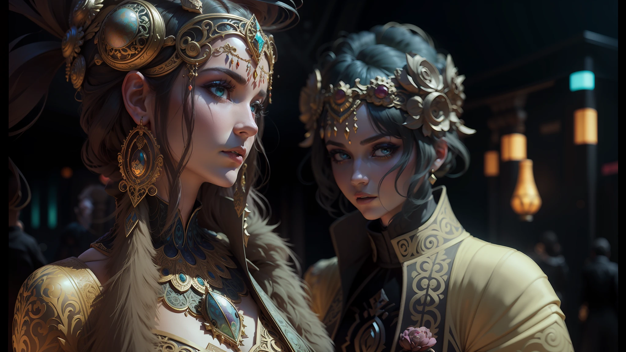 two women in colorful dresses stand in front of a large egg, intricate artwork. octane render, ornate cosplay, trending on cgisociety, ibiza nightclub dancing inspired, inspired by Philippe Druillet, architecture digest, daniel merrian :: ornate, bvlgari --auto --s2