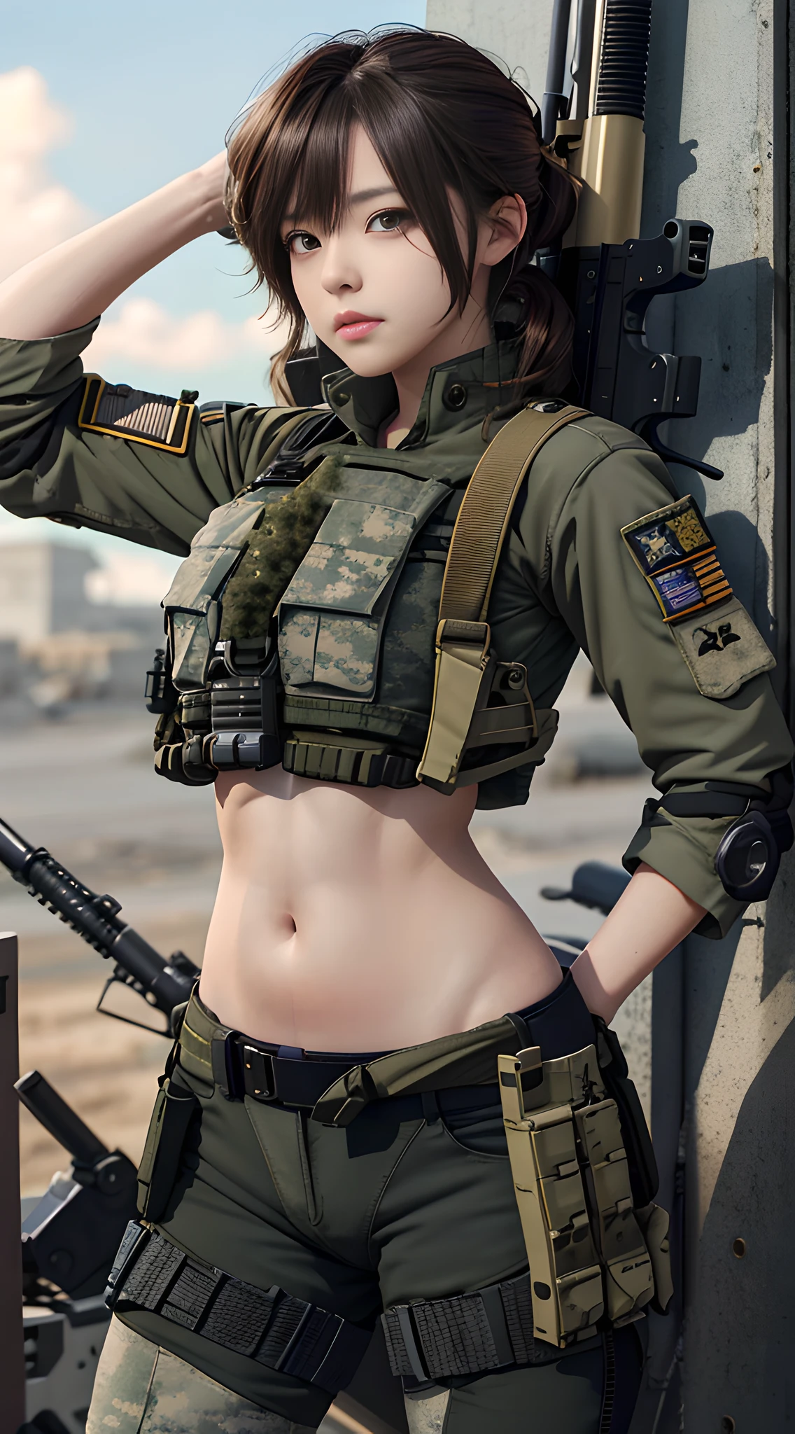arafed woman in a military outfit holding a gun and posing, mechanized soldier girl, infantry girl, military girl, soldier girl, bikini + tattered military gear, beautiful female soldier, badass anime 8 k, m4 sopmod ii girls frontline, armor girl, fine details. girls frontline, 4k anime wallpaper, from girls frontline, female action anime girl