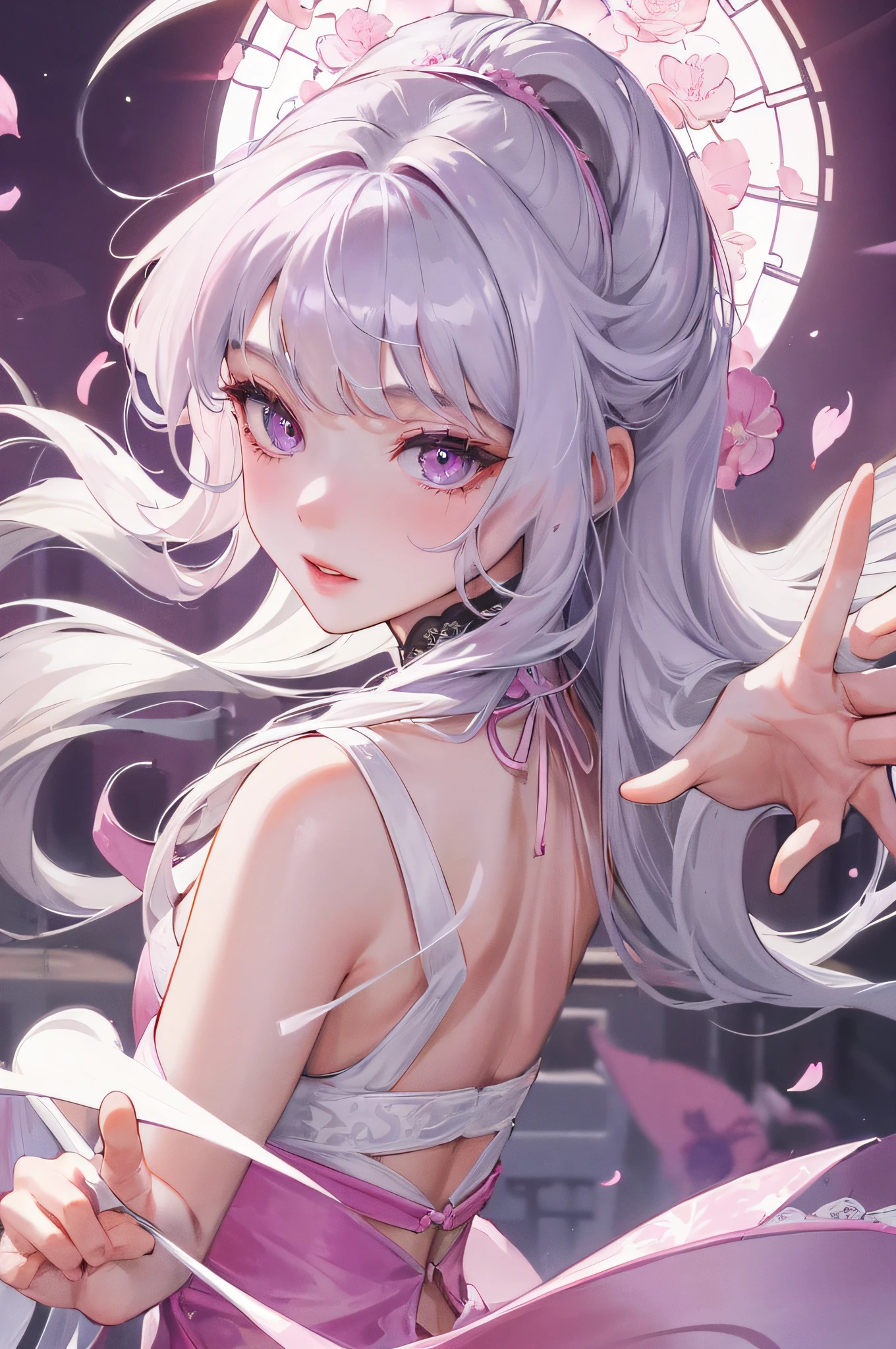 8K, Masterpiece, Best Night Full Moon, 1 Girl, Chinese Style, Chinese Architecture, Mature Woman, Sister Silver White, Long Hair Woman, Long Hair Light Pink Lips, Calm and Rational Bangs, Purple Pupils, Pink Flowers on Head, Flower Background, Petals Dancing, Delicate Face, Delicate Hands, Close Up