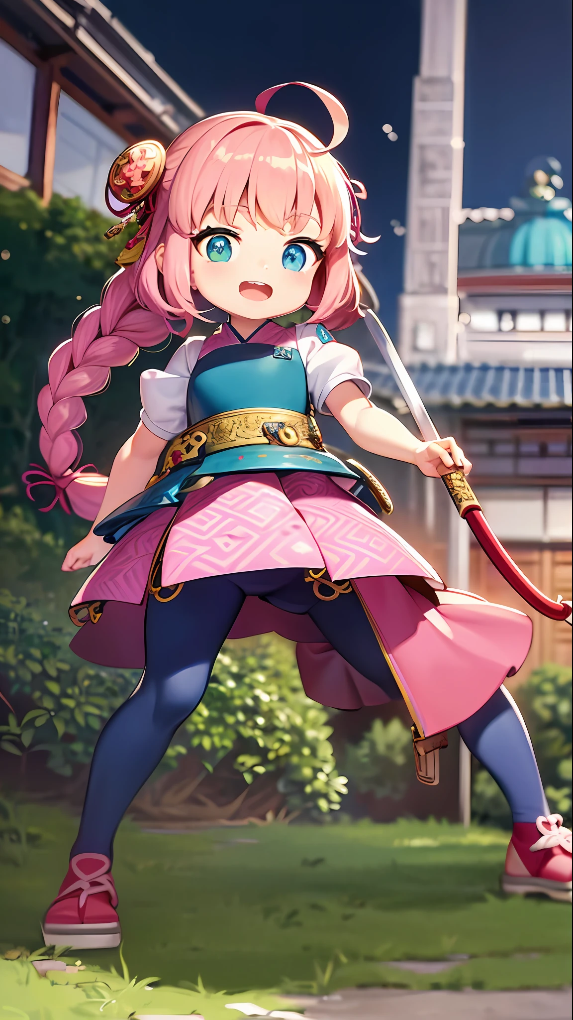 (heterochromia, light blue and light green eyes: 1.8), "Kyoto Animation" style anime illustration, highest quality, (cute: 1.1), (cute), (high resolution: 1.2), incredibly ridiculous: 1.3, incredibly fine illustration, Japan, Sengoku period, girl, helmet, armor, gunbai, "Oda Nobunaga" style samurai, pink hair, braids , (kawaii: 1.5), , kyoto, honnoji, front, angle from below, nio standing, full body, cute girl, solo, standing figure, katana holding in right hand, :d, masterpiece, top quality, absurdity, high resolution, official art, (cute: 1.8), ((chibi character: 1.5)), (pink braid, cute hair ribbon), serious face, big, show off, background white