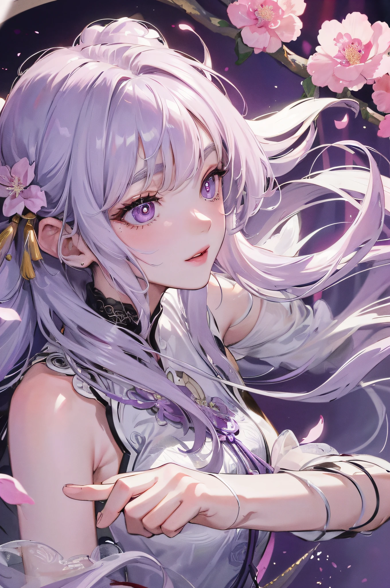 8K, Masterpiece, Best Night Full Moon, 1 Girl, Chinese Style, Chinese Architecture, Mature Woman, Sister Silver White, Long Hair Woman, Long Hair Light Pink Lips, Calm and Rational Bangs, Purple Pupils, Pink Flowers on Head, Flower Background, Petals Dancing, Delicate Face, Delicate Hands, Close Up