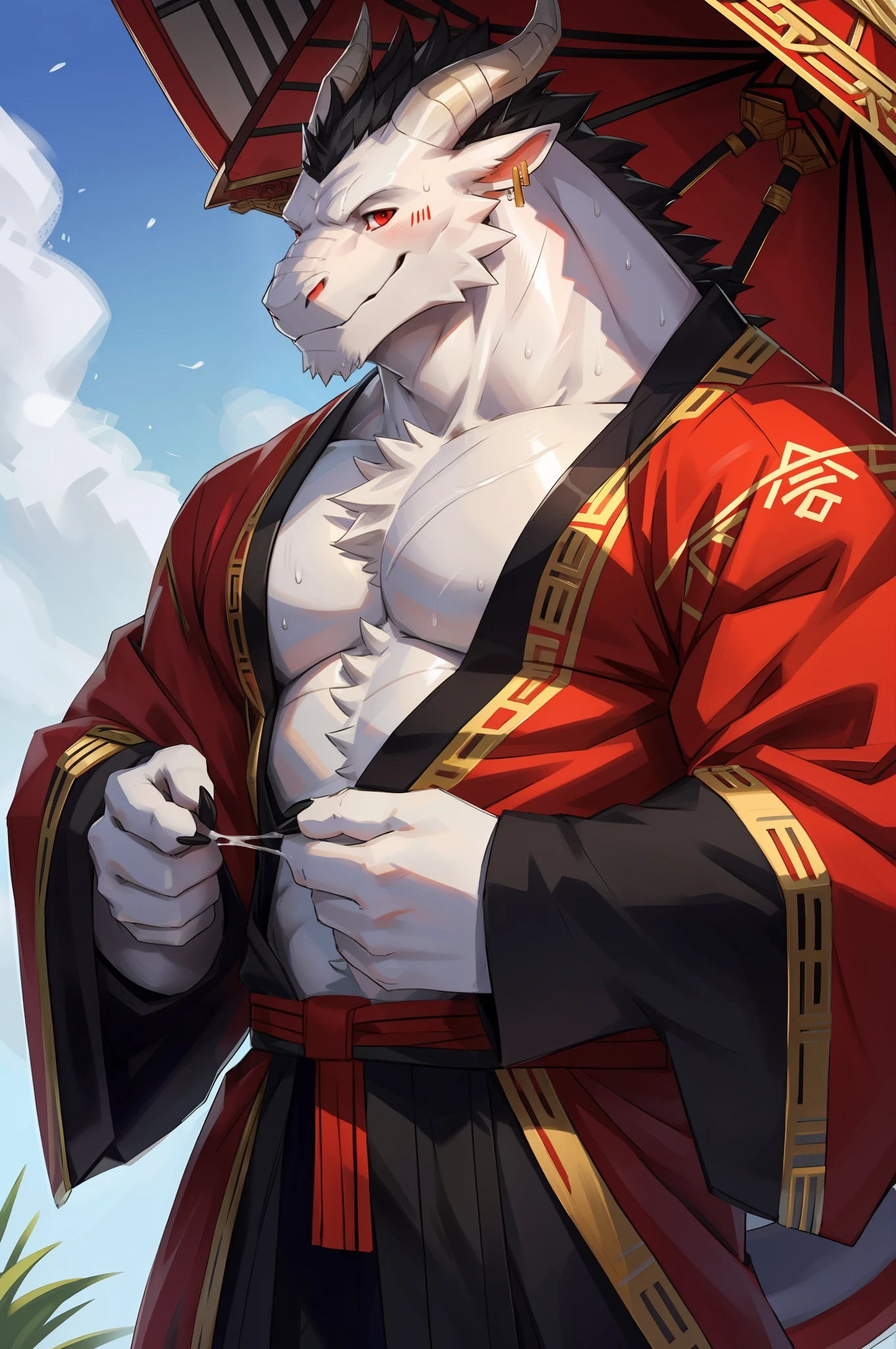 (evening), 1volibear, solo, looking at the audience, white skin, summer, smile, muscle man, dragon ears, dragon tail, red eyes, black horns, realistic realistic hands, white kimono, (open) kimono, traditional Chinese clothing, close-up, stud earrings, rings, sweat, blush ticket, majestic, confident, strong, (splash, spill, milk ((body)))
