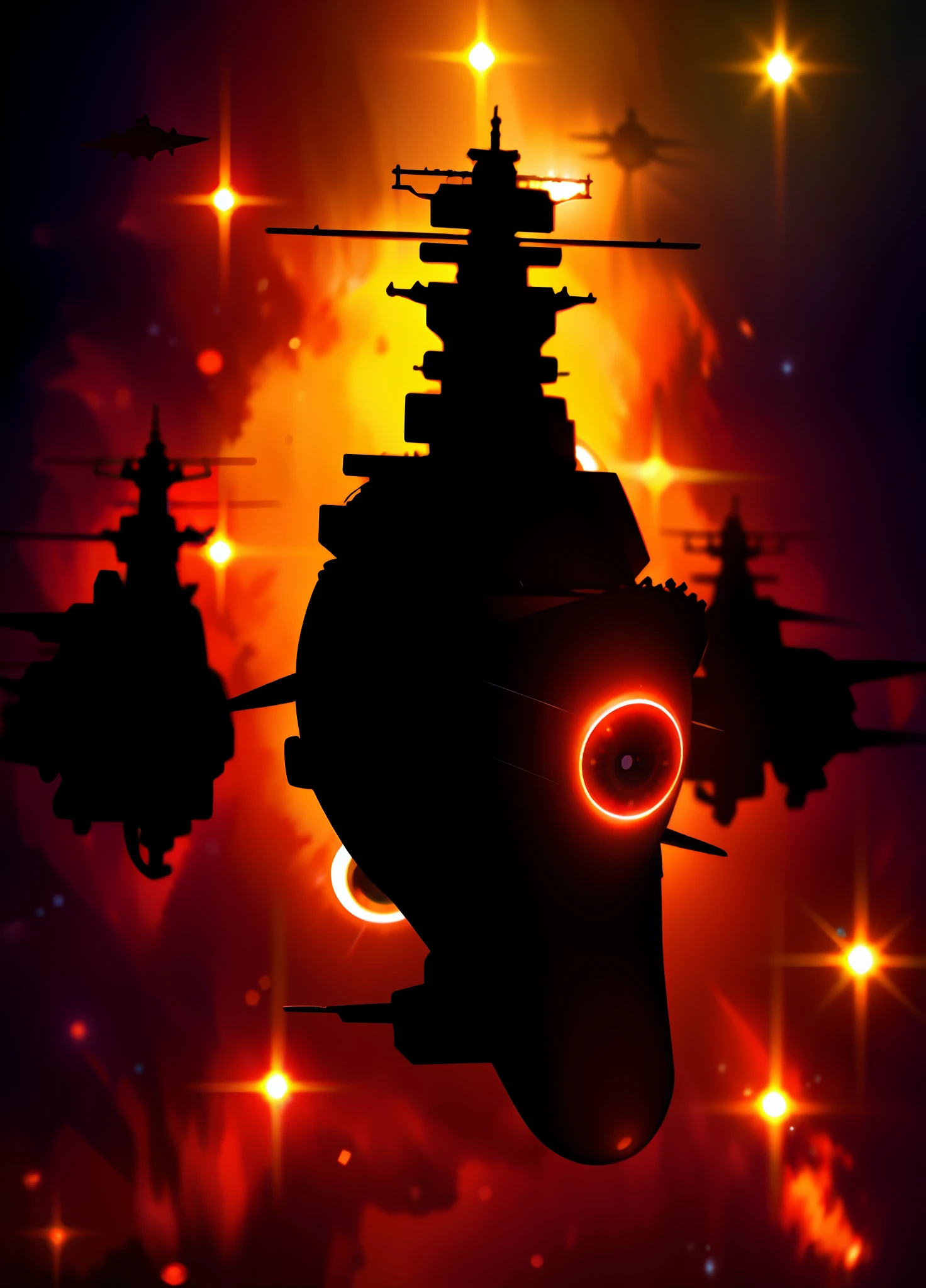 Large formation of space battleships centered on Space Battleship Yamato, nebula, watercolor, space background, intricate details, cinematic lighting, hyperrealism, motion blur, glowing light, godray, ray tracing, halftone, UHD, high quality, best quality, 16k, HD, 1080P