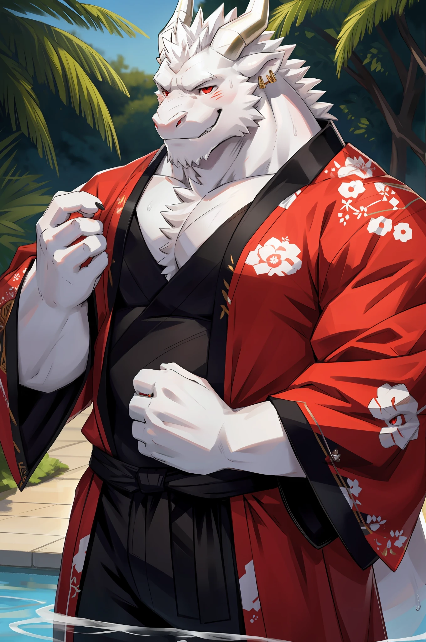 (evening), 1volibear, solo, looking at the audience, white skin, summer, smile, muscle man, dragon ears, dragon tail, red eyes, black horns, realistic realistic hands, white kimono, (open) kimono, traditional Chinese clothing, close-up, stud earrings, rings, sweat, blush ticket, majestic, confident, strong, (splash, spill, milk ((body)))