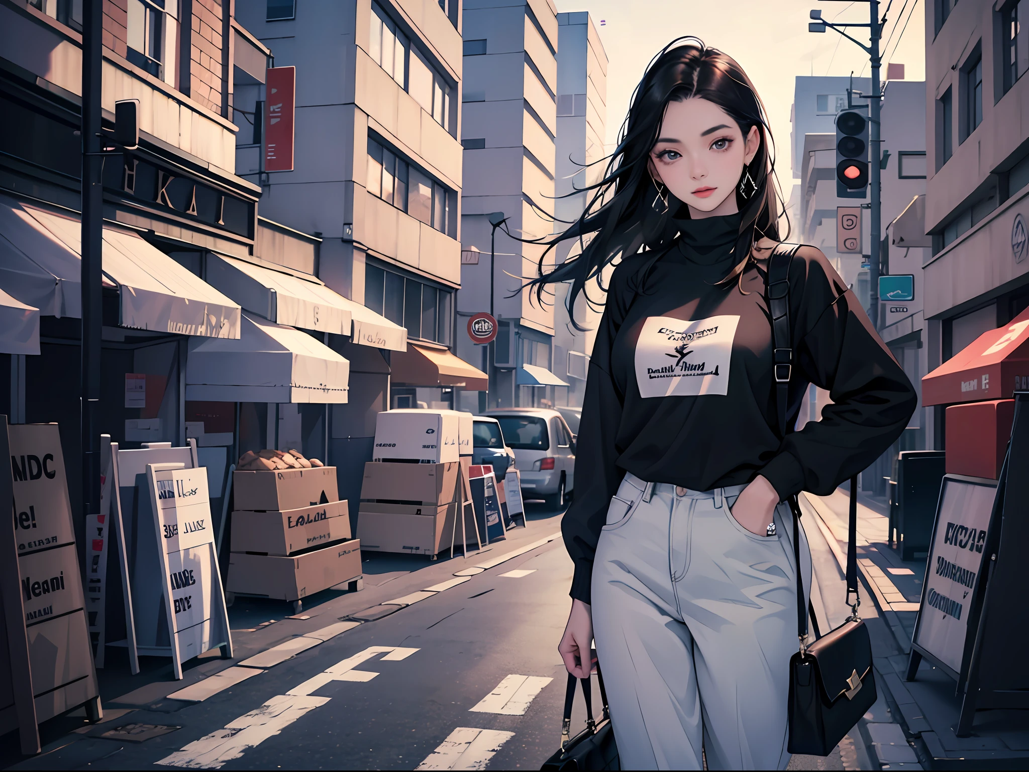 Young woman 25 years old: 1.3, Long black hair: 1.2, Casual wear: 1.2, Daytime: 1.2, On the street: 1.2, Film lighting, Surrealism, UHD, ccurate, Super detail, textured skin, High detail, Best quality, 8k
