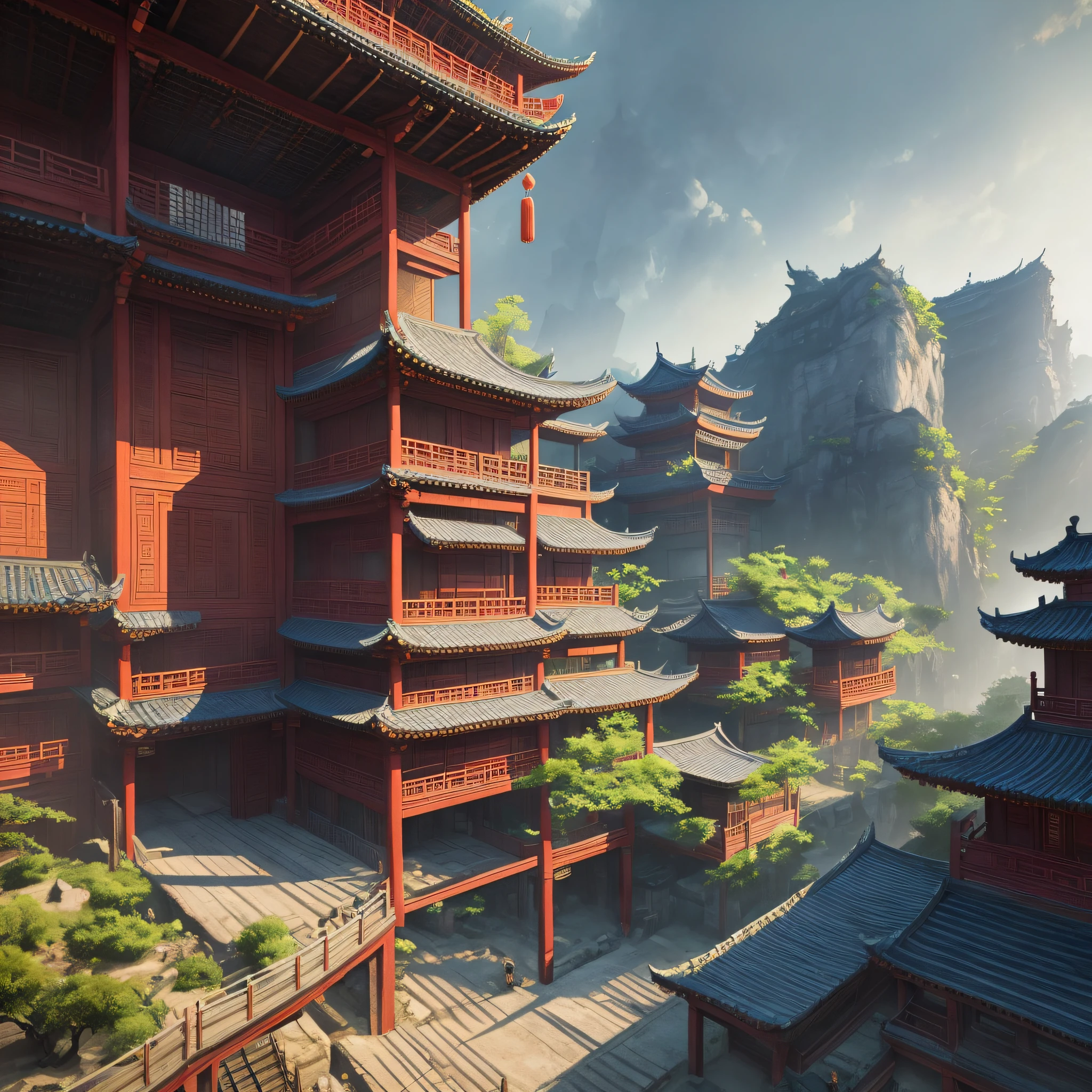 Chinese loft landscape, ink painting, color dull, cool tone, martial arts movie story style, highly detailed, dynamic, epic, realistic lighting and shadows, inspired by Jin Yong, vibrant, 8k, Octane rendering, Unreal Engine, very detailed , Realistic, Cry Engine, Masterpiece, Best Quality --auto --v 6 --s2