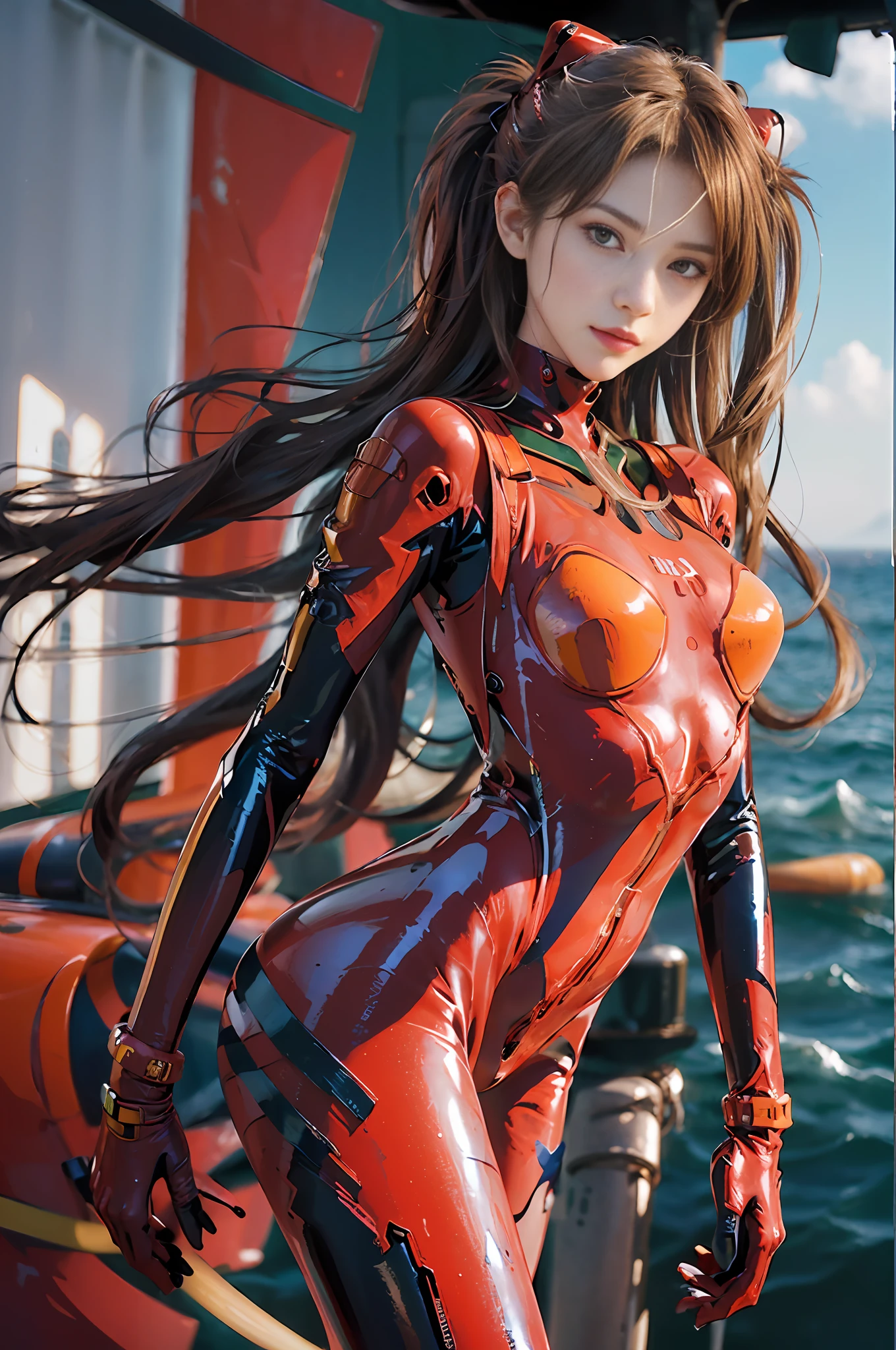 Masterpiece,NSFW1.1,(Large black eye patch over left eye),((Full body:1.1))))), (Realistic),Photograph,Best quality,perfect anatomy,1 woman,20 years old,(Tall,Small face)),(((Su-Liu Aska Langle, plug suit 02)))), ((Crimson full body bodysuit:1.5)),((Blue eyes,Beautiful face, Beautiful eyes))))), (( Pretty face)), wet eyes, Face,Detail face, Detail lips, Detail Eyes, (thin and sharp pale eyebrows, long eyelashes), double eyelids, (Seductive smile), ((gentle expression, fleeting expression))),(sexily turning pose), from below, (upright), (camelt), (smooth body line)), beautiful hair, (big round breasts), Small logo pattern on the chest 02, round mecha parts under the chest, mecha suit, thin long waist, white skin, (face and eye details: 1.1), arrogant, blush, (shy)), very delicate and beautiful girl, standing with hands on the hips, (legs open pose)), bright green lines on the shoulder blades, (to8 contrast style), ((erect,long legs, ( pearly luster), delicate clothing wrinkles, twin tails, (((cobalt blue sea,naval aircraft carrier background,offshore sea,blue sky,horizon,pacific ocean))), sunlight,((crimson thin full-body bodysuit with strong metallic luster and smooth surface)), sexy tight metallic shiny crimson full body latex suit, Two simple thick black lines from the thighs to the buttocks, black latex on the inside of the arms