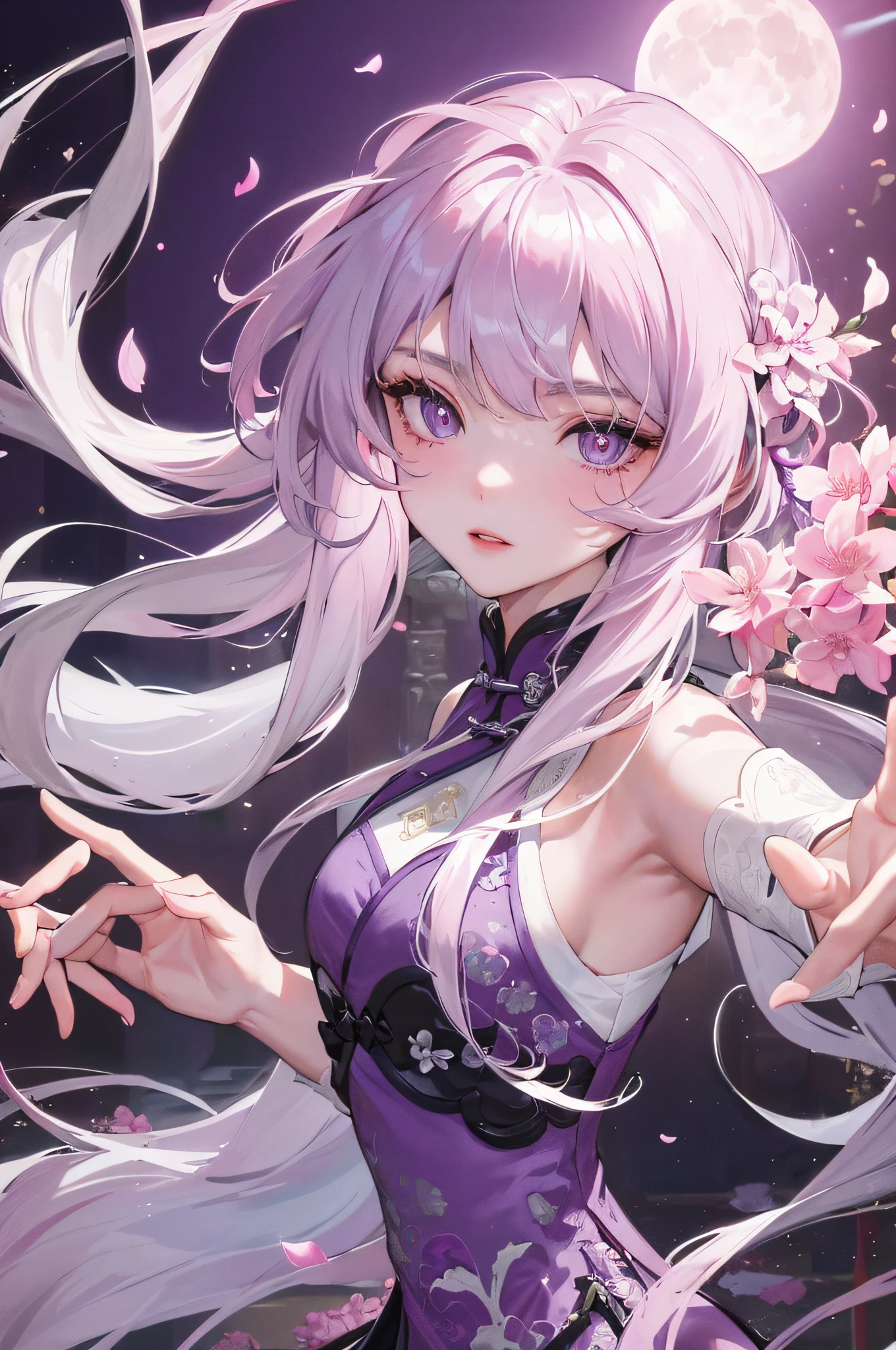 8K, Masterpiece, Best Night Full Moon, 1 Girl, Chinese Style, Chinese Architecture, Mature Woman, Sister Silver White, Long Hair Woman, Long Hair Light Pink Lips, Calm and Rational Bangs, Purple Pupils, Pink Flowers on Head, Flower Background, Petals Dancing, Delicate Face, Delicate Hands, Close Up