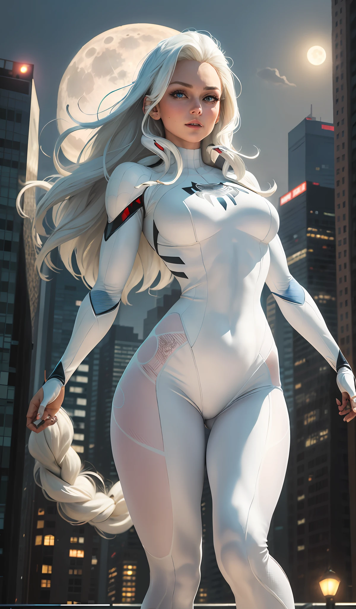 (Masterpiece, 4K resolution, ultra-realistic, very detailed), (White superhero theme, glamorous, there's a girl at the top of town, wearing a white tight-fitting suit, she's a superhero,[(25 years old),(Long white hair:1.2),Full body,(Blue eyes:1.2),((Spider-Man pose),Show strength,Jump from building to building),((Sandy urban environment):0.8)|(Cityscape, Night, Dynamic Lights),(Full Moon))] Note: The tip mainly describes ultra-high-definition 4K paintings, which are very realistic and very detailed. It shows superheroines at the top of the city, dressed in white tights. The theme in the painting is a white superhero theme, the heroine has long white hair, is 25 years old this year, and her entire body is displayed in the painting. In depicting the behavior of superheroes, spiders are used
