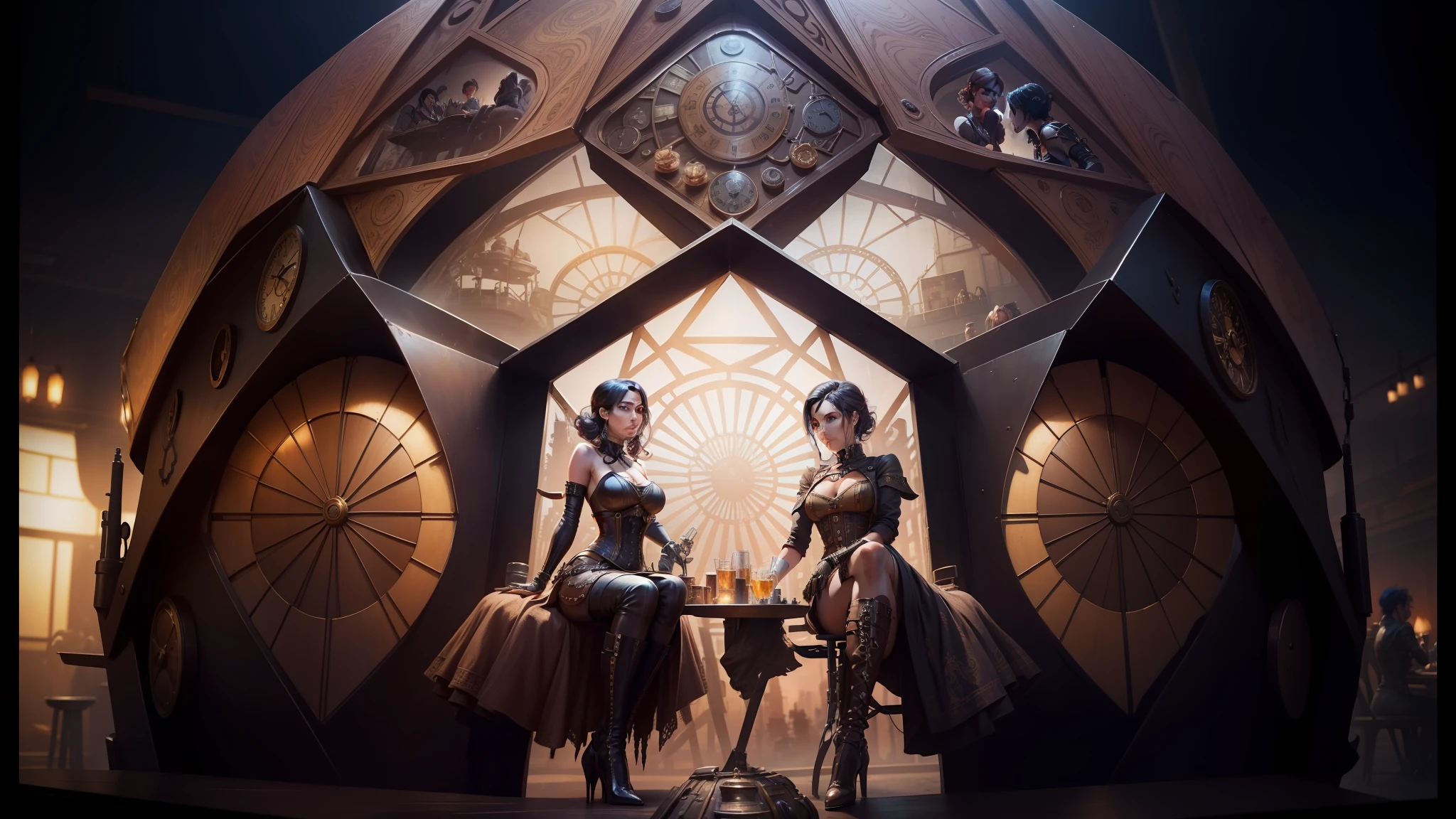 araffes and a woman sitting at a table in a restaurant, from the movie mad max fury road, steampunk city on the background, an elegant couple, video game cinematic, elaborate hairstyles, still from anime, npc, ( ( ( art deco ) ) ), calmly conversing 8k, atompunk, pub --auto --s2
