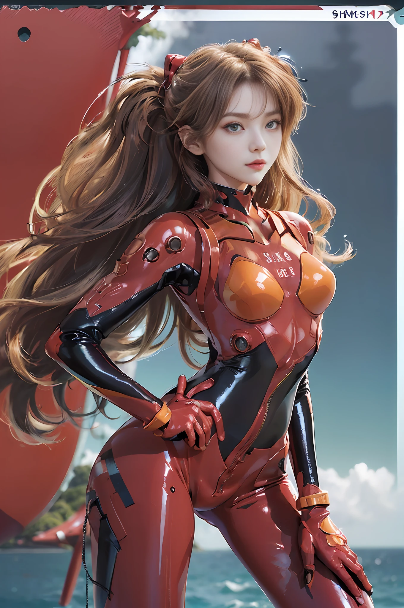 Masterpiece,NSFW1.1,((Full body:1.1))))), (Realistic),Photograph, Best quality,perfect anatomy,1 woman,20 years old,(Tall,Small face)),(((Su-Liu Aska Langle, plug suit 02:1.5)))), ((Crimson full body bodysuit:1.5)),(((Blue eyes,Beautiful face, Beautiful eyes))))), ((Cute face)), wet eyes, Face,Detail Face, Detail Lips, Detail Eyes, (Thin and sharp pale eyebrows, long eyelashes), Double Eyelids, (Seductive smile), (Gentle expression, Fleeting expression))),(Sexily turning pose), from below, (Upright), (Camelt), (Sleek body line)), beautiful hair, (Big round breasts), Small logo pattern on the chest 02, Round mecha parts under the chest, mecha suit, thin long waist, white skin, (face and eye details: 1.1), arrogant, blush, (big black eye patch on left eye: 1.1),shy)), very delicate and beautiful girl, standing with hands on hips, ((((legs open pose)), bright green lines on shoulder blades,(to8 contrast style), ((erect,long legs,(( crimson thin full-body bodysuit with strong metallic luster and smooth surface)), sexy tight metallic shiny crimson full body latex suit, (pearly beautiful luster),(metallic beautiful luster luster), delicate clothing wrinkles, twin tails, ((cobalt blue sea,naval aircraft carrier background,offshore sea,bright blue sky,horizon, pacific ocean))), sunlight,Two simple thick black lines from thighs to buttocks,black latex on the inside of the arms