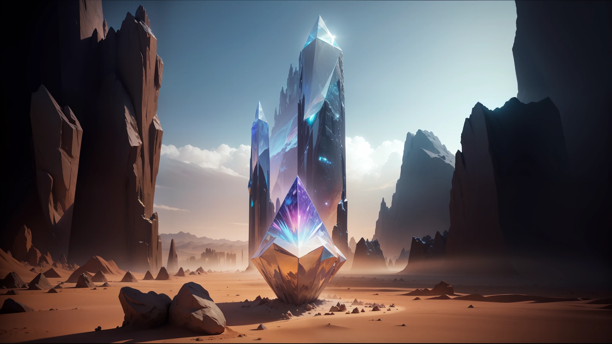 there is a very tall crystal tower in the middle of a desert, stuning fantasy 3 d render, universe background, a computer rendering, “uwu the prismatic person, cinematic still frame, crystalline rock, [ shards, at the dawn of time, hyperprism, trance music, keyframe --auto --s2
