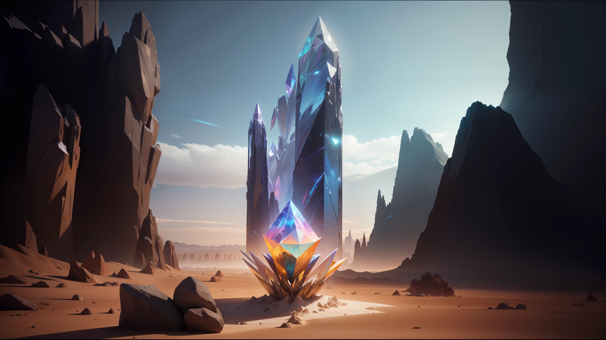 there is a very tall crystal tower in the middle of a desert, stuning fantasy 3 d render, universe background, a computer rendering, “uwu the prismatic person, cinematic still frame, crystalline rock, [ shards, at the dawn of time, hyperprism, trance music, keyframe --auto --s2