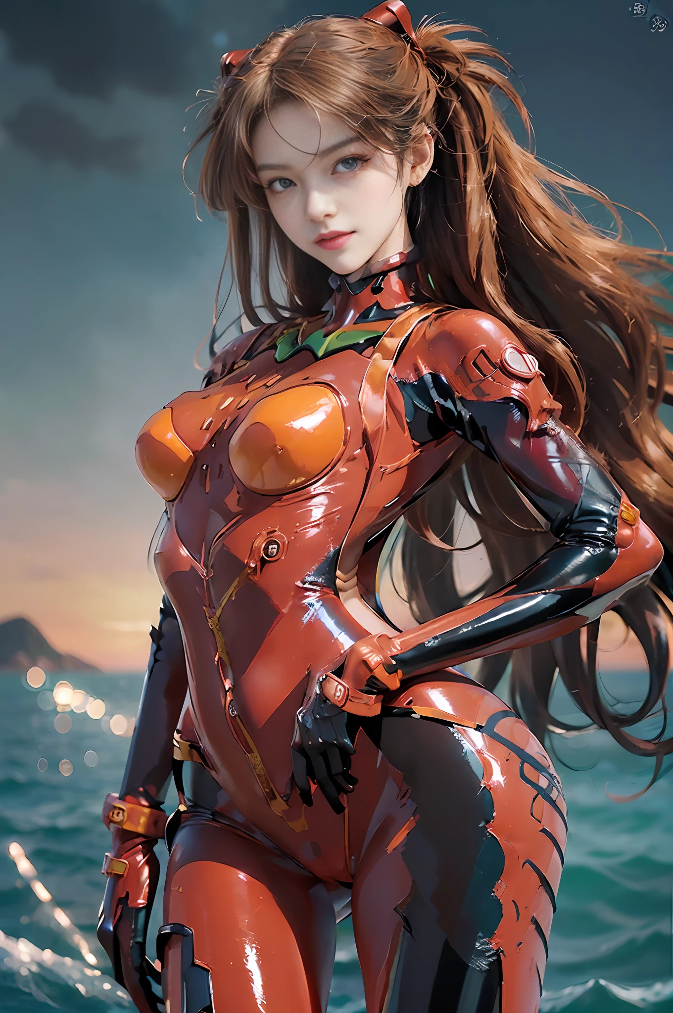 Masterpiece,NSFW1.1,((Whole body:1.1))))), (Realistic),Photographs, Best Quality,Perfect Anatomy,Vivid Color,1 Woman,20 Years old,(Tall,Small Face)),(((Su-Liu Aska Langle, Plug Suit 02:1.5))))), ((Crimson Full Body Suit:1.5)),(((Blue Eyes,Beautiful Face, Beautiful Eyes))))), ((Cute Face )), wet eyes, face,detail face, detail lips, detail eyes, (thin sharp pale eyebrows, long eyelashes), double eyelids, (seductive smile), (gentle expression, fleeting expression))),(sexily turning pose), from below, (upright), (camelt), (smooth body line)), beautiful hair, (large round breasts), small logo pattern on the chest 02, Round mecha parts under the chest, mecha suit, thin long waist, white skin, (face and eye details: 1.1), arrogant, blush, (big black eye patch on left eye: 1.1),shy)), very delicate and beautiful girl, standing with hands on hips, ((((legs open pose)), bright green lines on shoulder blades,(to8 contrast style), ((erect,long legs,(( crimson thin full-body bodysuit with strong metallic luster and smooth surface)), sexy tight metallic shiny crimson full body latex suit, (pearly beautiful luster),(metallic beautiful luster luster), delicate clothing wrinkles, twin tails, ((cobalt blue sea,naval aircraft carrier background,offshore sea,bright blue sky,horizon, pacific ocean))), sunlight, two simple thick black lines from thigh to buttocks, black latex on the inside of the arm, movie lighting: 1