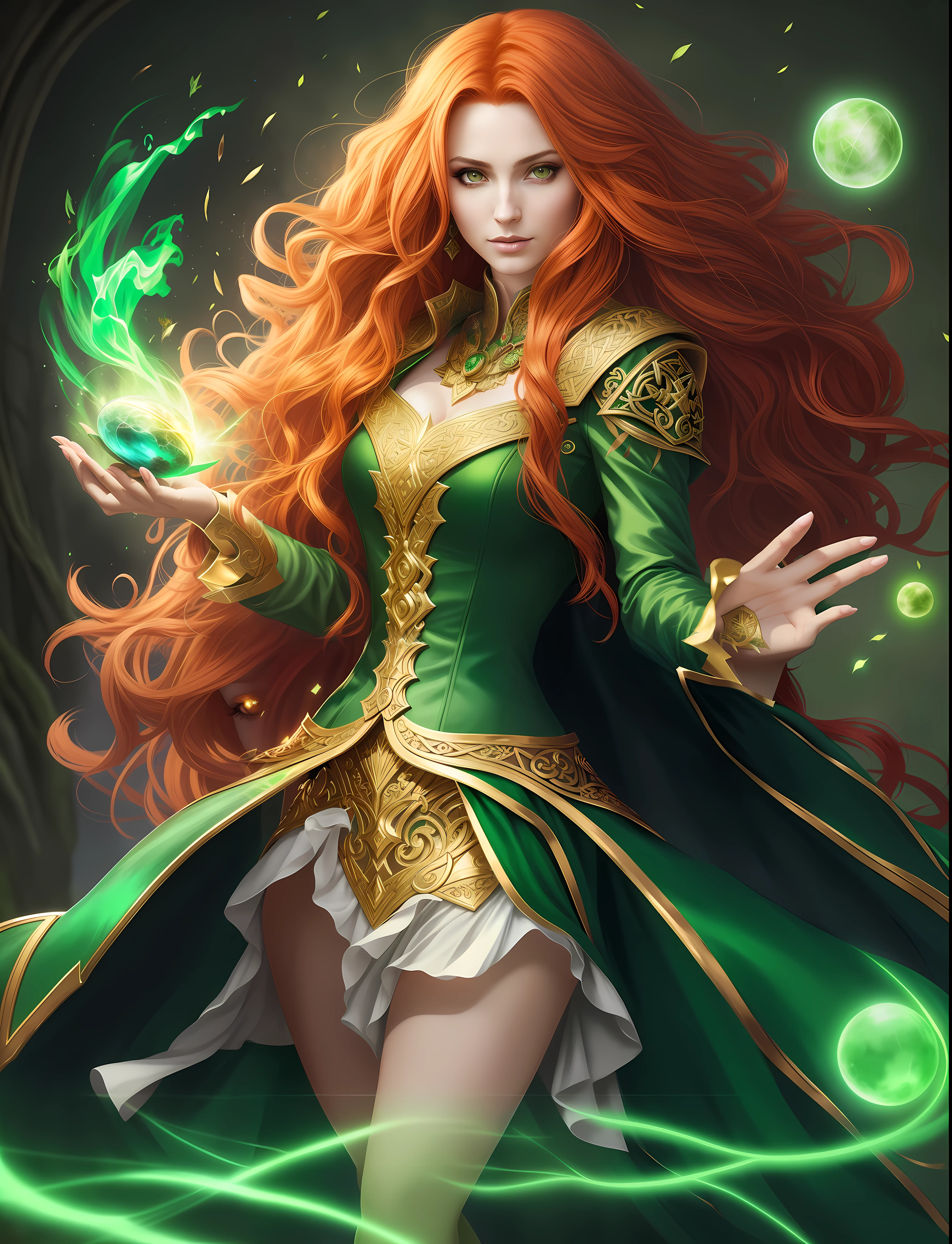 a woman with long red hair and green dress holding a green ball, celtic fantasy art, beautiful sorceress, graphic artist magali villeneuve, a beautiful sorceress, extremely detailed artgerm, artgerm lau, epic exquisite character art, elf queen nissa genesis mage, fantasy character art, legend of the cryptids, artgerm detailed
