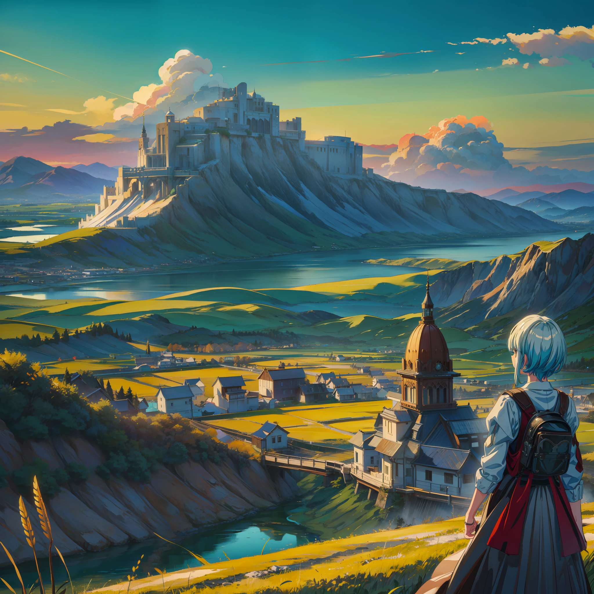 Masterpiece, best quality, sky, sun, mountain, forest, prairie, river, overlook, bridge, wheat field, birds, colorful clouds, buildings, rice field, Surrealism, cinematic lighting, masterpiece, best quality, super detail