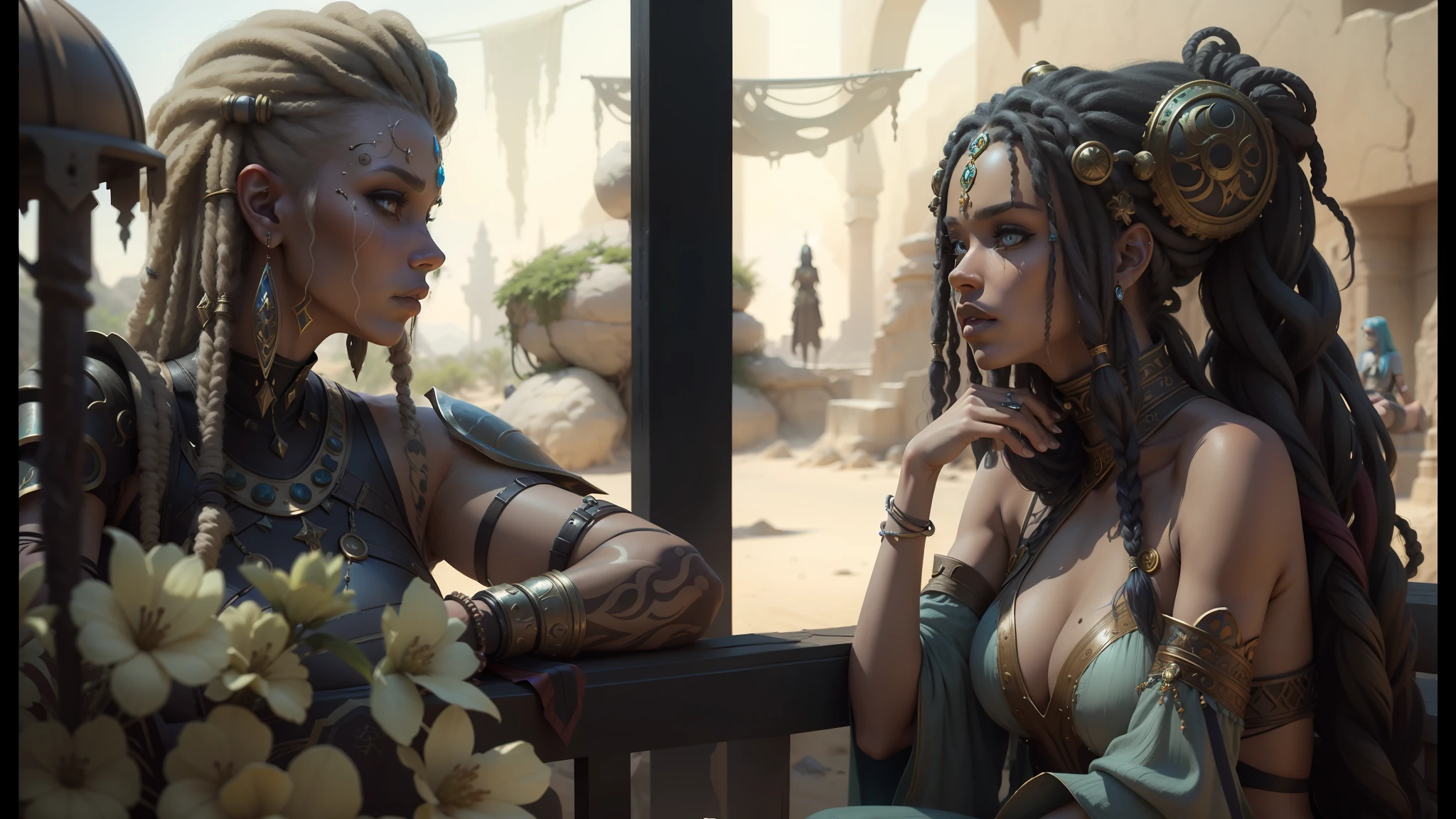 two women dressed in elaborate costumes sitting on a wall, biopunk style, lots of dreadlocks on the head, epic vfx shot, various hair colors and styles, sand desert fantasy, highly detailed characters, continents, warriors, psytrance, female hairstyles --auto --s2