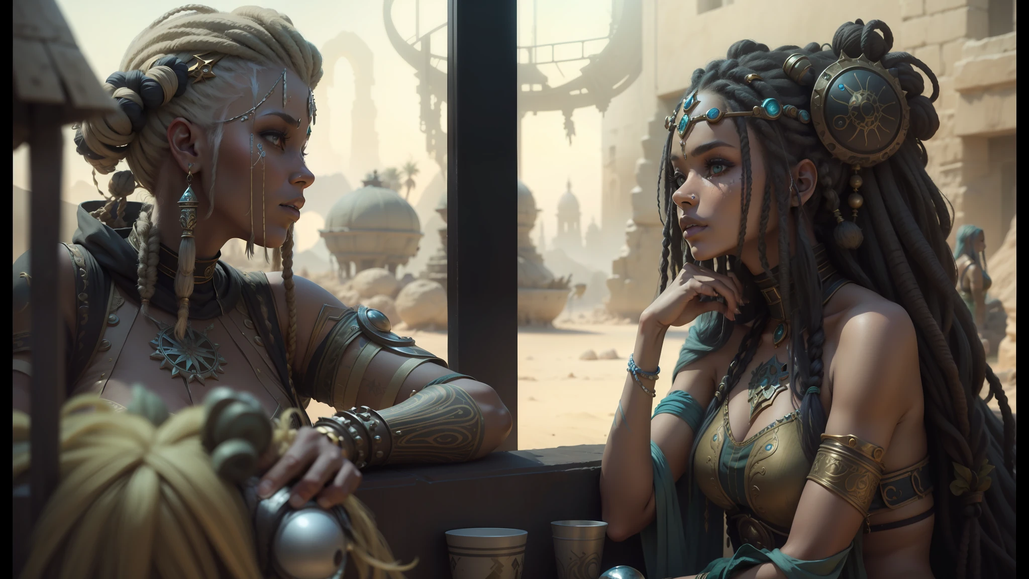 two women dressed in elaborate costumes sitting on a wall, biopunk style, lots of dreadlocks on the head, epic vfx shot, various hair colors and styles, sand desert fantasy, highly detailed characters, continents, warriors, psytrance, female hairstyles --auto --s2