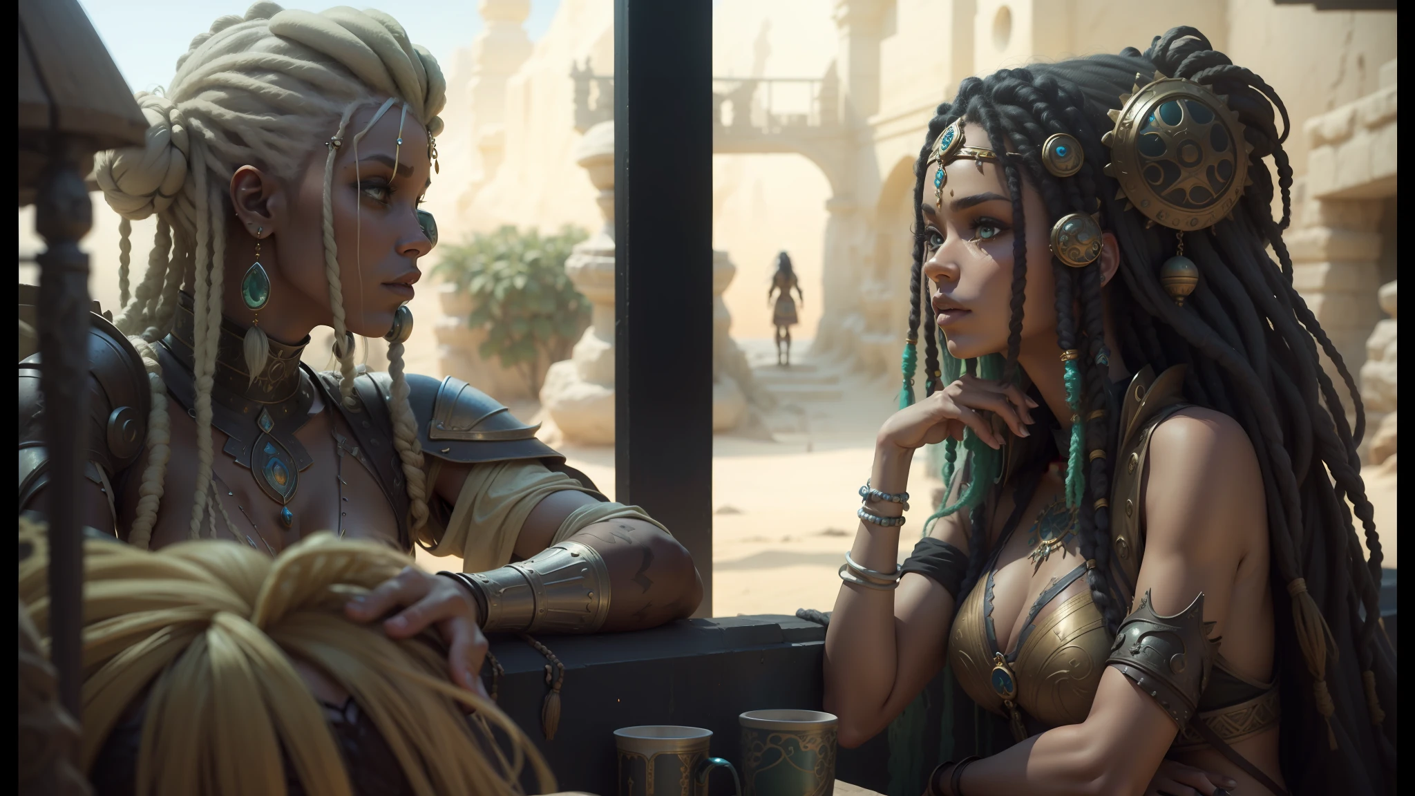 two women dressed in elaborate costumes sitting on a wall, biopunk style, lots of dreadlocks on the head, epic vfx shot, various hair colors and styles, sand desert fantasy, highly detailed characters, continents, warriors, psytrance, female hairstyles --auto --s2