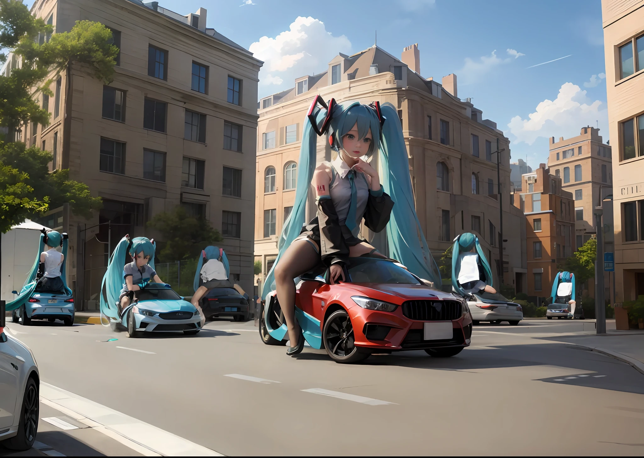 A car full of Hatsune Miku gallops down the wide road. The car is multicolored and its luster is shining with the sun. Beautiful clouds float in the twilight sky.