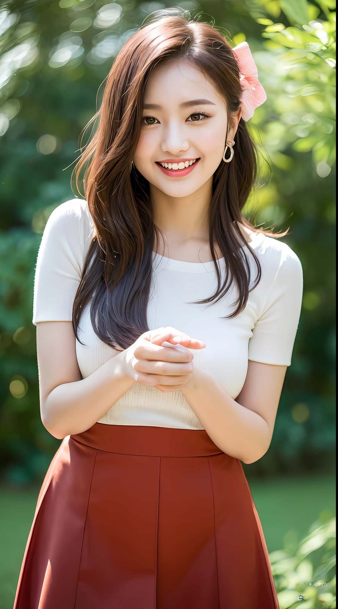 (8k, RAW photos,best quality, high resolution:1.1), (hyperrealistic:1.4),(realistic, photorealistic:1.3), soft light,big breasts,girl,realistic face,realistic body,realistic skin,absurdity,masterpiece,(cute:1.8),(big:1.2), detailed black eyes,innocent eyes,blusher,mini skirt,cinema light,film grain ,Jewelry,Earrings,((Medium Hair:1.1)),((Floating Hair Novafrog Style)),Cherry Colored Lips,Hair Ribbon,Hair Bow,Ponytail,Close Up,Look Viewer,Long Hair, Upper Body, Open Lips, Top Teeth, (Smiling Eyes:0.6), ((grinning:1.2)),Depth of Field, Blurry Background, Eye Focus, Bokeh,Young, 85mm Lens, F/ 1.4,Professional Lighting, Young,Portrait,Photon Mapping,Radiosity,Physically Based Rendering,Asian,Crouch