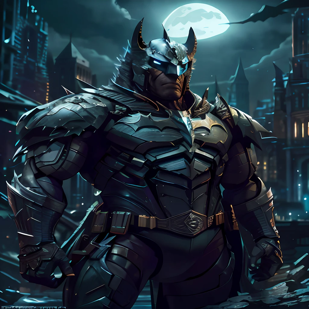 Batman from the dark knight stands imposing in a gothic lost city. Moonlight highlights your muscles and scars. The scenery is lush and mysterious, with futuristic tech and surroundings. The camera details everything, a warrior woman, in front of him.