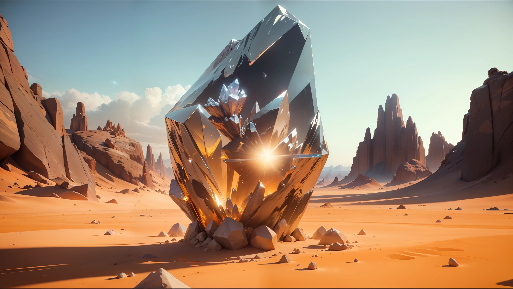 there is a large crystal in the middle of a desert, unreal engine 5 », trending on artstattion, still from a music video, glittering multiversal ornaments, by Chafik Charobim, crystal waters, precious elements, opengl --auto --s2