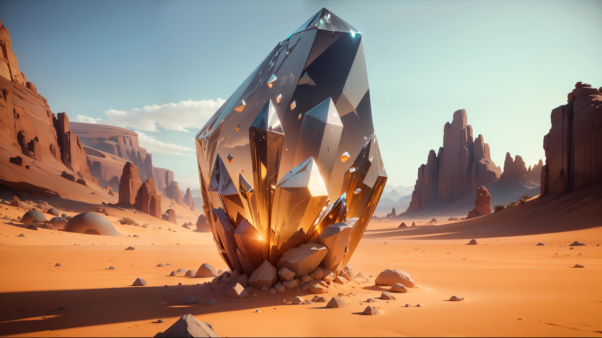 there is a large crystal in the middle of a desert, unreal engine 5 », trending on artstattion, still from a music video, glittering multiversal ornaments, by Chafik Charobim, crystal waters, precious elements, opengl --auto --s2