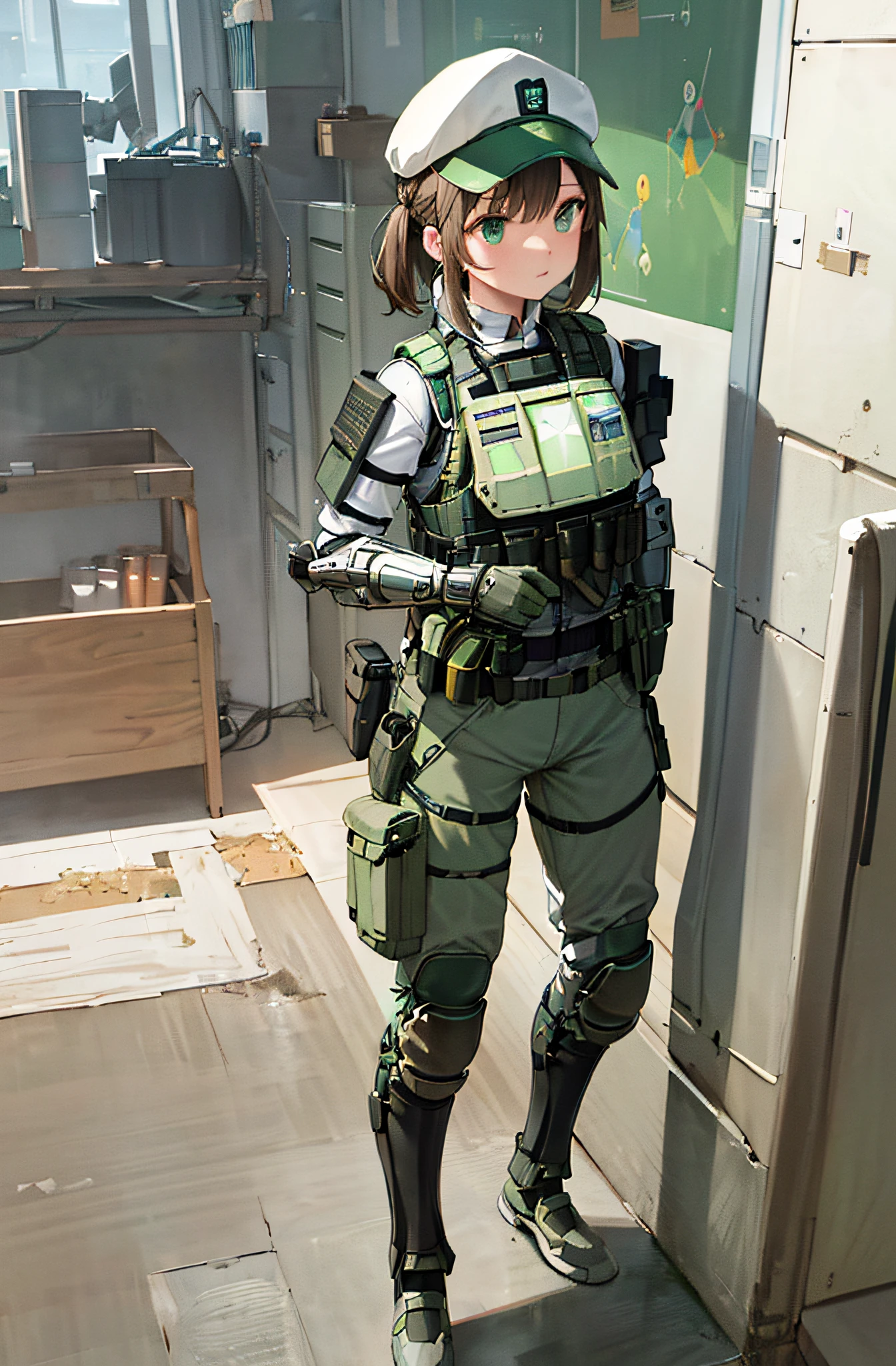 (masterpiece, best quality, ultra-detailed, illustration), beautiful face, solo, perfect body, 1girl, solo, standing, gloves, white t-shirt, (body armor:1.3), (science fiction:1.2), green pants, tactical clothes , (green baseball cap:1.2), (bulletproof vest:1.3), (mechanical arms:1.1)