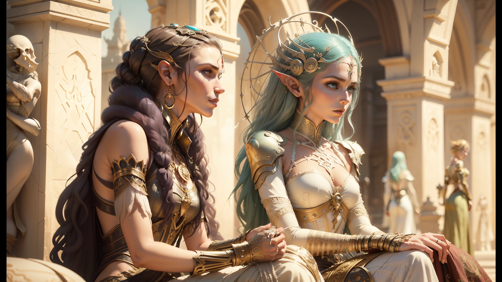 a close up of three women dressed in elaborate costumes, darius zawadzki and tom bagshaw, biopunk clothes, elven male, still frame from a movie, intricate 3 d sculpture, bohemian style, dress made of bones, hydropunk, an elegant couple, necro, beautiful gemini twins --auto --s2
