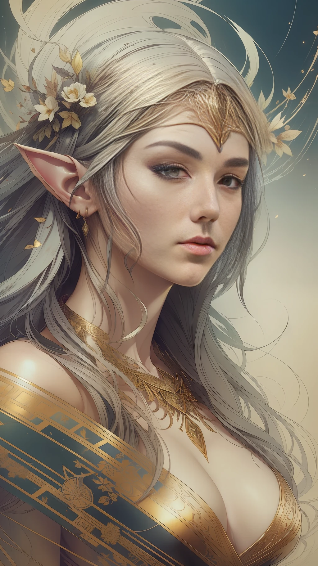 a beautiful full figure painting of perfect female elf woman, shapeless long hair, black hair, white hair, huge mammaries, perfect features, wearing Rococo style dress, art by Carne Griffiths and Wadim Kashin Concept art, ethereal background, abstract beauty, stand, near perfection, pure form, Golden Ratio, minimalism, unfinished, concept art, By Brian Froud and Carne Griffiths and Wadim Kashin and John William Waterhouse, intricate detail, 8k post-production, High resolution, super Detail, art station Trends, sharp focus, studio photos, intricate detail, Very detailed, By Greg Rutkowski --auto --s2