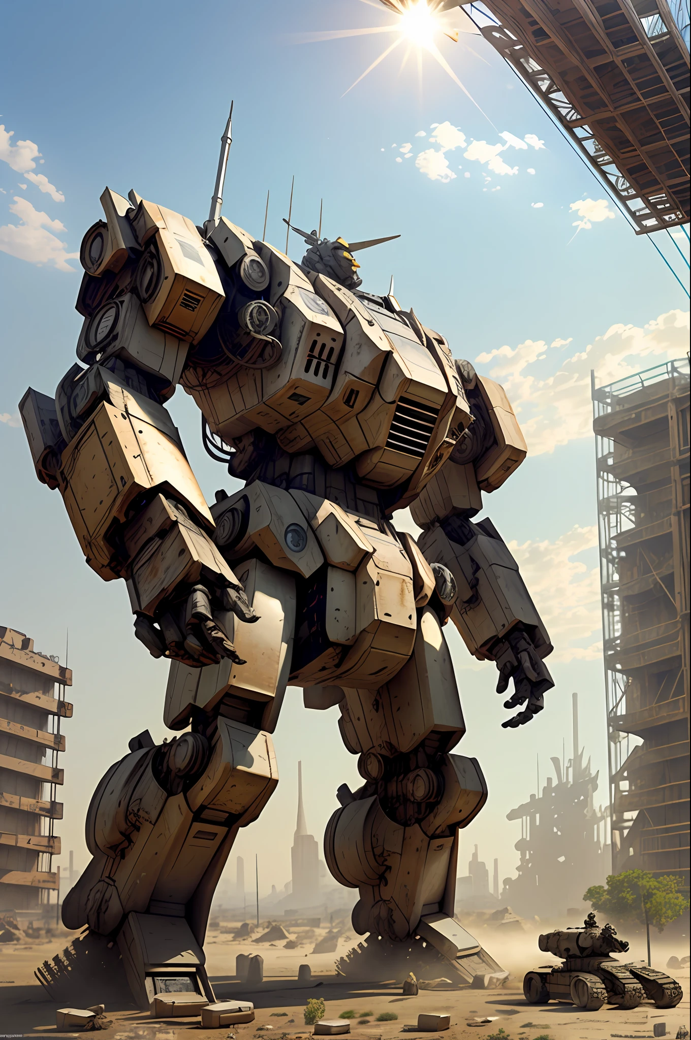 Best quality, masterpiece, super high resolution, strong sunlight (realistic: 1.4), realistic photos, giant mech, very detailed mech, no man, solo, epic robot, looking up, dust, broken metal, city ruins, futuristic world,