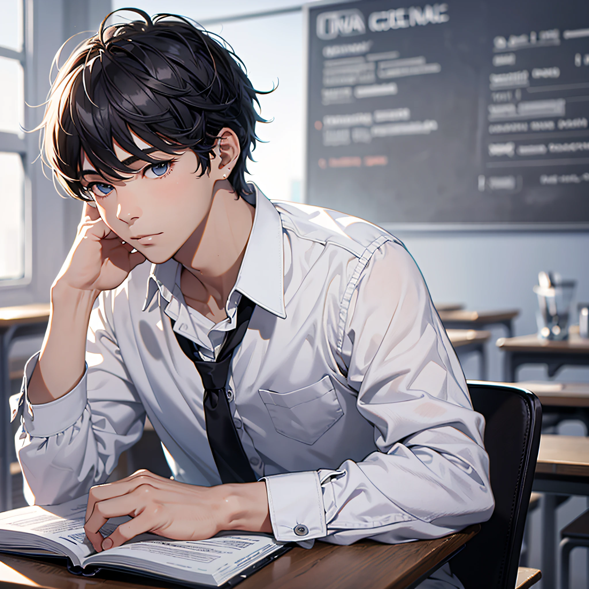 Absurd resolution, high resolution, (masterpiece: 1.4), hyperdetail, 1boy, face focus, mature man, student wear, white shirt, classroom, sleep