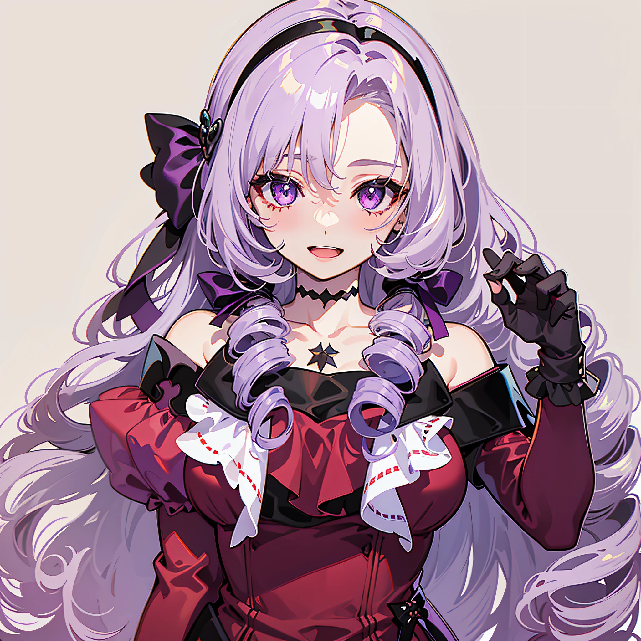 Solo, Long hair, Chest, Drill hair, Twin Drill, Gloves, Dress, Purple eyes, Eye stars, Garter straps, Red dress, Hair band, Look at viewer, Smile, White background, Purple hair, Cleavage, Bangs, Black gloves, Tattoo on chest, Ribbon, Bare shoulders, Blushing, Simple background, Open mouth, Purple hair ribbon on the right side, Lilac hair, long sleeves, detached sleeves, off-shoulder dress, nail ring, black hair band, off-shoulder, collarbone, parted bangs, masterpiece, top quality, photorealistic, 3D, shiny_skin, shiny_hair, dynamic angles, beautiful detailed shine, HDR, Rembrandt lighting, colorful refraction, lens flare, bloom, film reflection, chromatic aberration, light diffusion, public obscenity, cowboy shot, deep meaning, physically based rendering, bright, vibrant, complex,