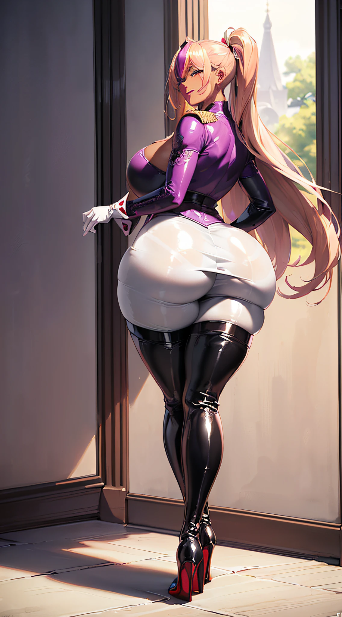 Elaborate CG artwork,(top quality, exquisite details, absolute masterpiece),(1 Beautiful mature women, Solo), Detailed Seductive and sharp eyes, (Plump Purple Lips)), Purple Eyeshadow, Blush, sadistic Seductive Smile, (((Beautiful Detailed White Military Uniform, black leather gloves,high heel boots Very Shiny Fabric, Very Wrinkled Fabric)), Tight White Slacks, (Head to Toe Image))), ((Full Body Image)),looking back, Detailed beautiful mature face, very detailed beautiful face and eyes, blush, ((mahogany-colored black skin))), (pale blonde hair))),((multi color colorful streak hair)), (curvaceous), (chubby), (incredibly huge curvaceous hips), (very huge sensual ass), (ridiculously huge thick thighs), Victorious posture,
