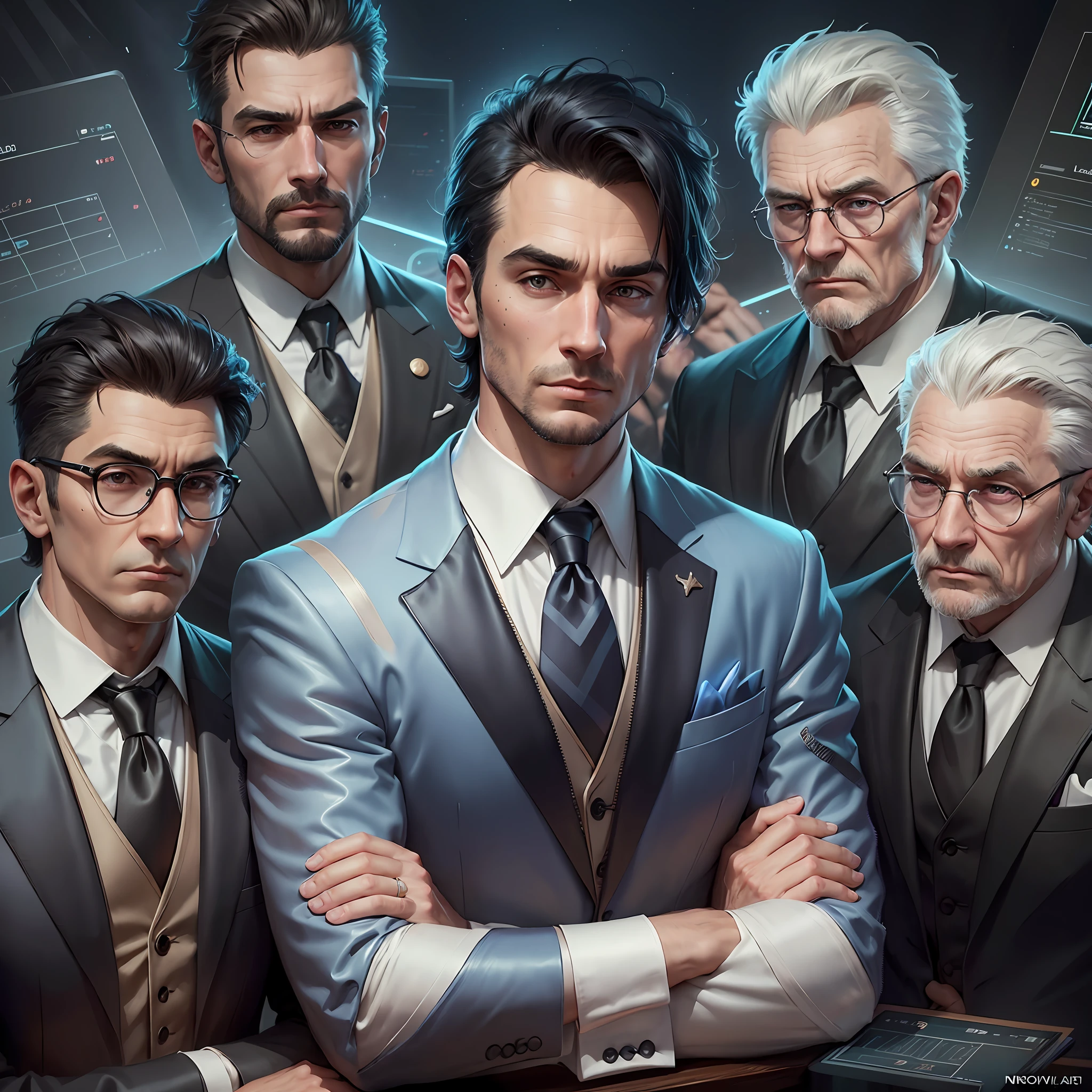 League, (men in tuxedos, arms crossed on chest), poker, income, dark blue background, (numbers, charts), realism, (high-quality digital concept art, CG artist, 8K character renderings) --auto --s2