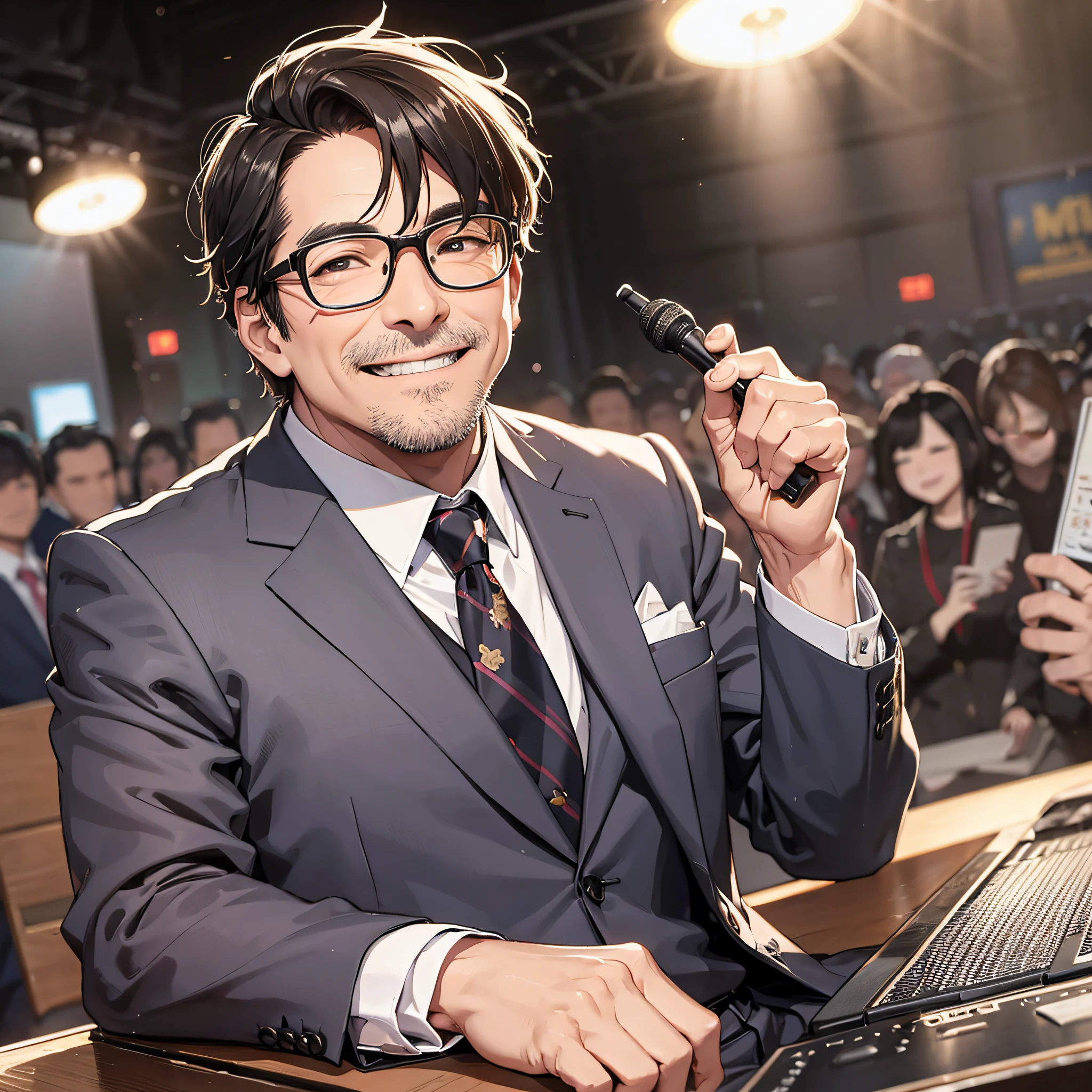 A middle-aged man, with glasses, a suit, sitting, on stage, warm atmosphere, smiling, fans