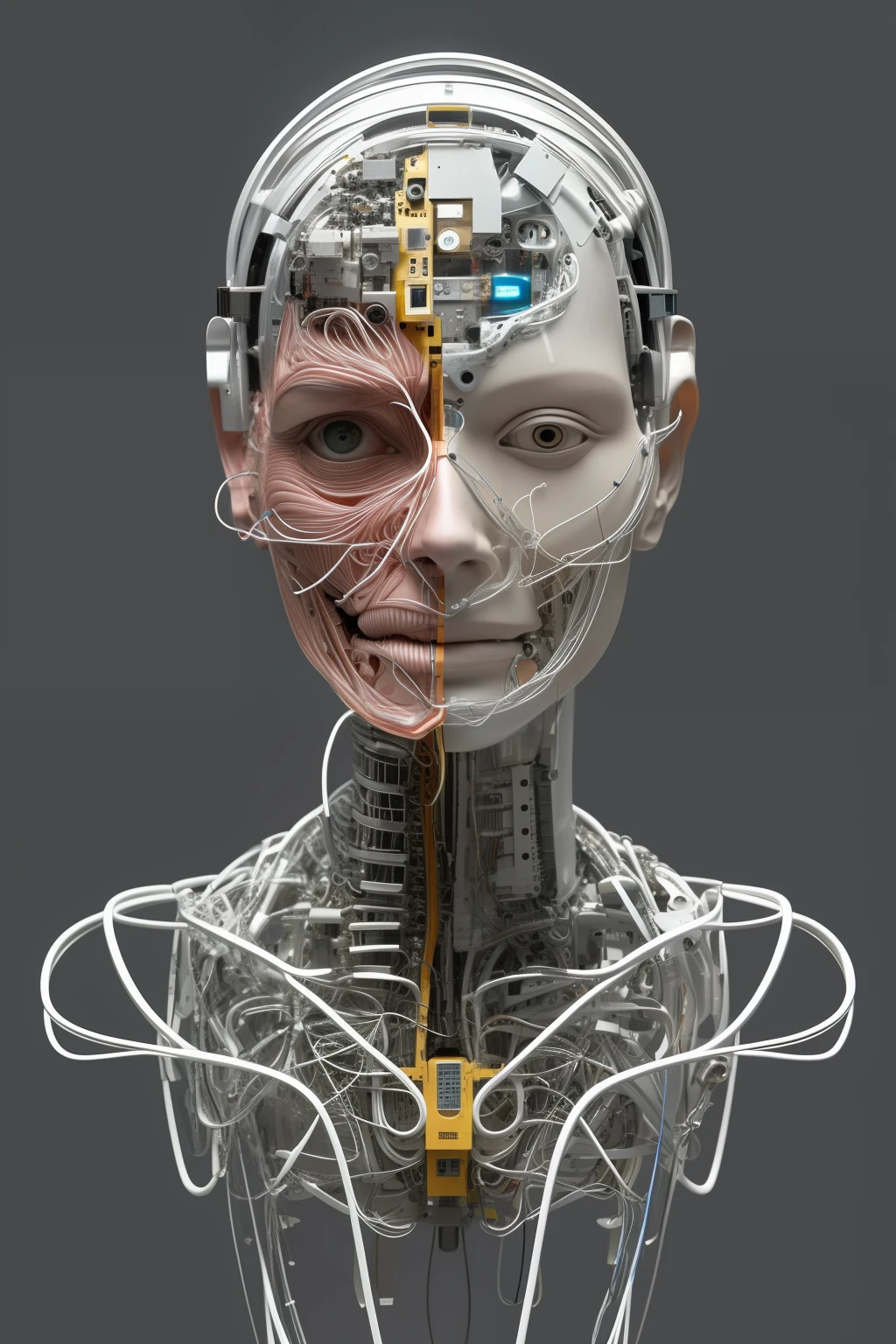 Prompt: ultra detailed of a beautiful woman android face, cyborg, robotic parts,cyberpunk face, hyperrealistic, anatomical face, made up of cable electric wires, microchip, elegant, Giger style, 8k, best quality, masterpiece, illustration, an extremely delicate and beautiful, extremely detailed ,CG masterpiece,best quality,official art , robot, silver halmet, full body, sitting