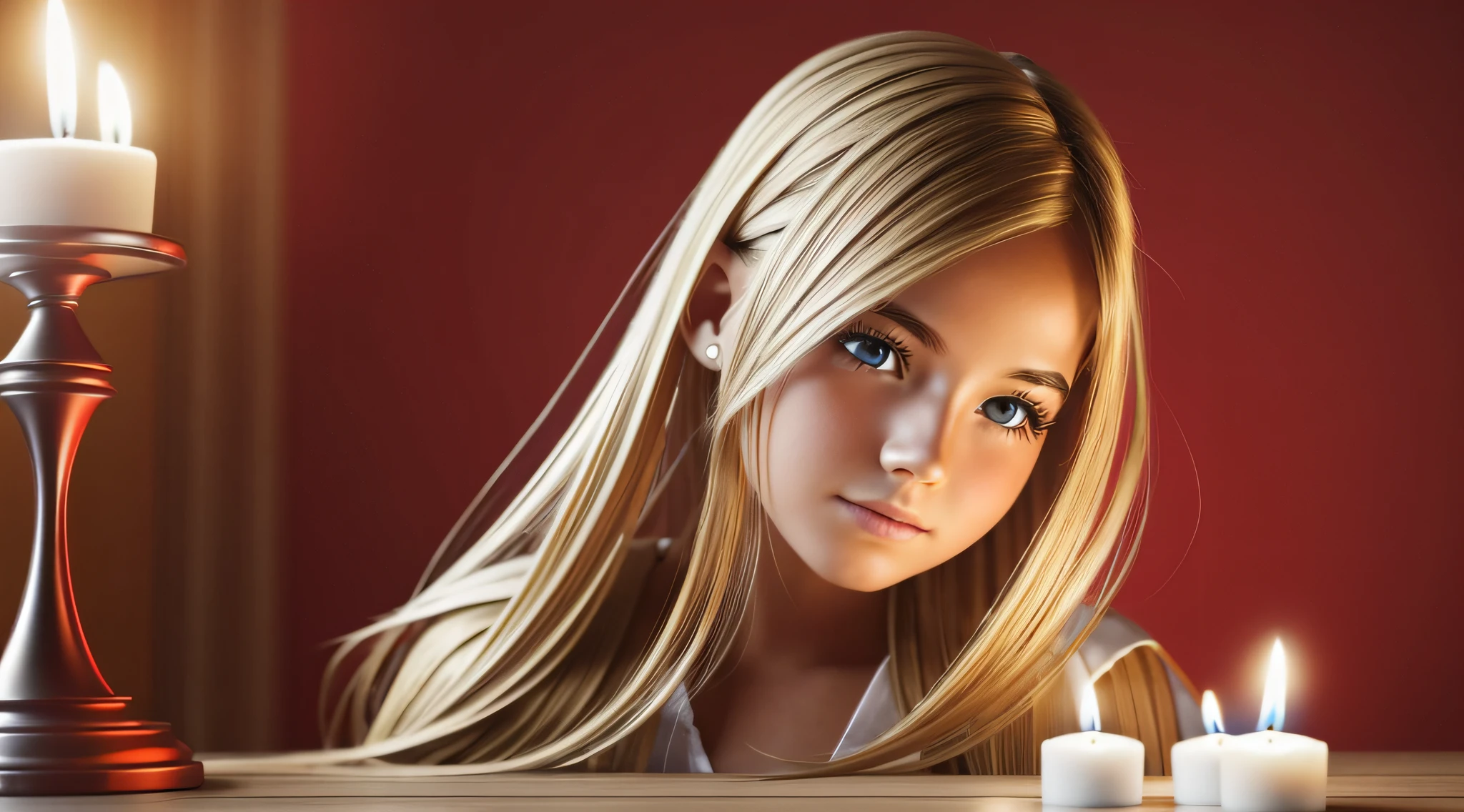 10 YEAR OLD GIRL STRAIGHT BLONDE HAIR,ULTRA REALISTIC, MASTERPIECE, , REALISTIC PHOTO, CANDLES AND FIRE, RED BACKGROUND (raw photo: 1.2), (photorealistic: 1.4), (best quality: 1.4), (ultra highres: 1.2), (highly detailed: 1.3), --auto --s2