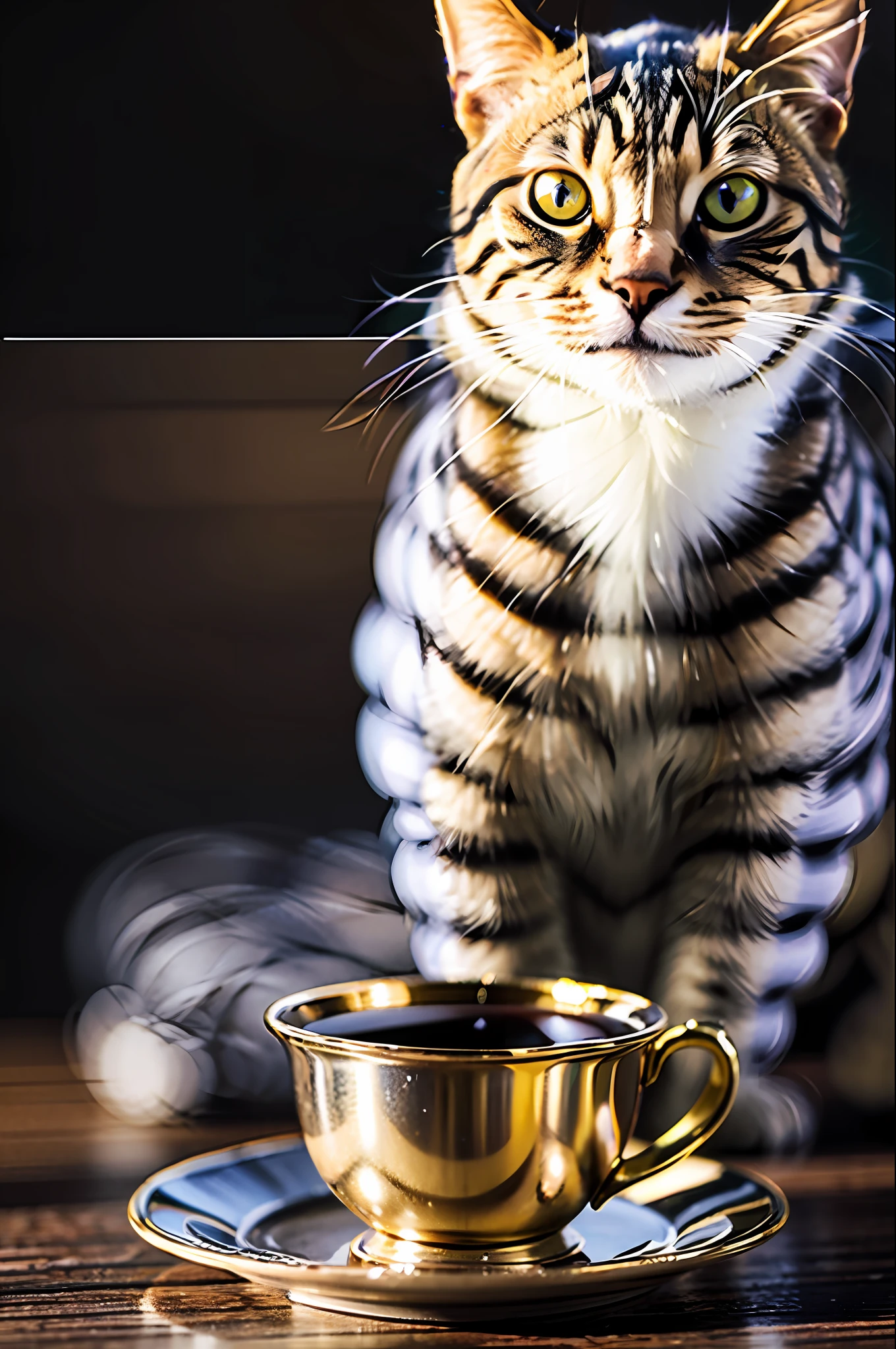 (masterpiece), better quality, ultra high resolution, a bramco cat on top of a wooden table looking at the expectsor next to a porcelain cup with coffee, on a Sunday morning, photon mapping, radiosity, physically-based rendering, cinematic lighting, intricate, high detail, sharp focus, dramatic, photorealistic