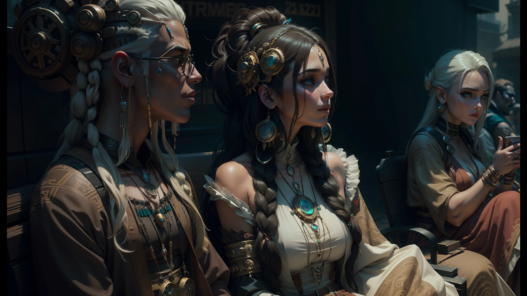 there are two men and a woman in costumes sitting on a bench, trending in artstation 4k, tribal jewelry, beautiful futuristic hair style, beautiful female druid, beautiful twins, steampunk gears, realistic cinematic shot, (art station), goddess jewelry , Psy trance --auto --s2