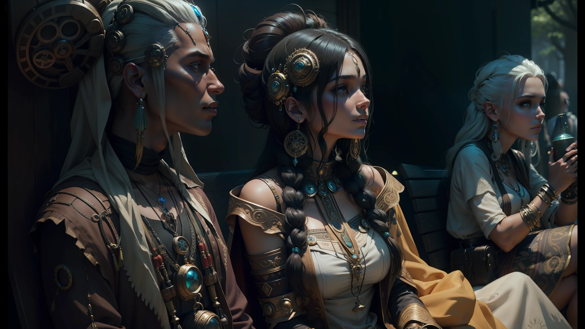 there are two men and a woman in costumes sitting on a bench, trending in artstation 4k, tribal jewelry, beautiful futuristic hair style, beautiful female druid, beautiful twins, steampunk gears, realistic cinematic shot, (art station), goddess jewelry , Psy trance --auto --s2