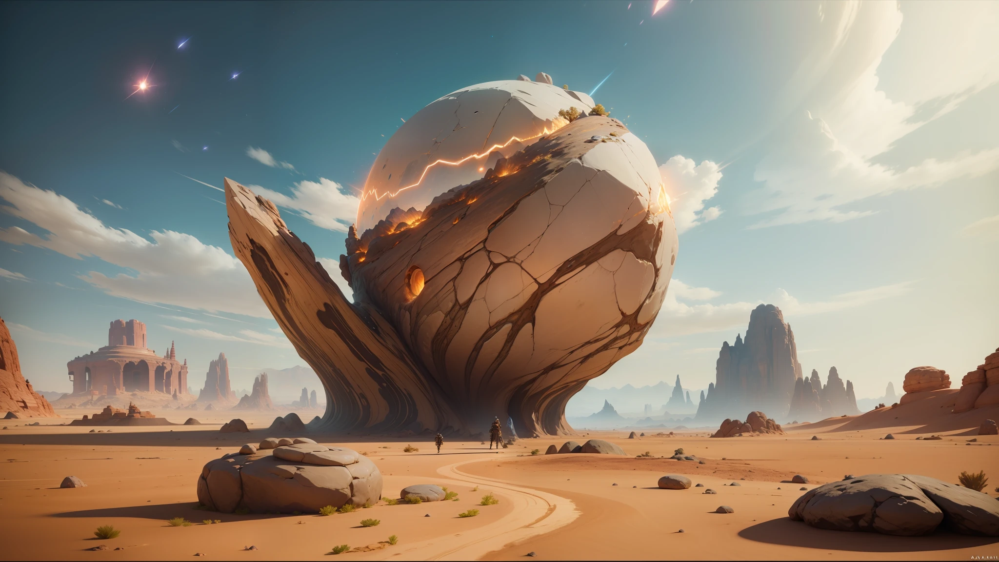 there is a large rock in the middle of a desert, unreal engine 5 showcase, cosmic fantasy, kaladesh, video game screenshot>, trending on unreal engine 5, from arknights, organic liquid metal, by Daren Bader, multiverse portal, the energy of dreams, muspelheim, phobos --auto --s2